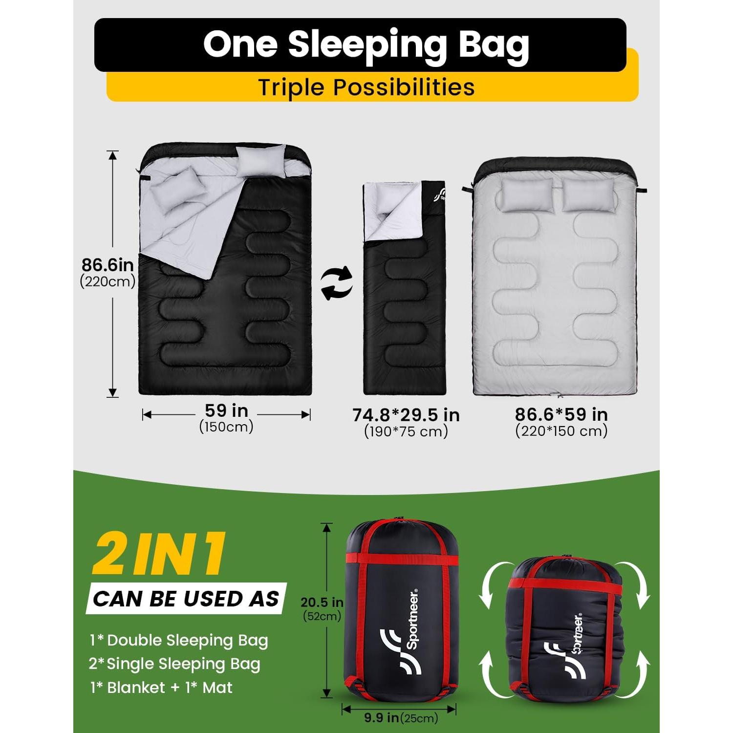 Saco de dormir doble Sportneer para 2 personas, 3 estaciones
