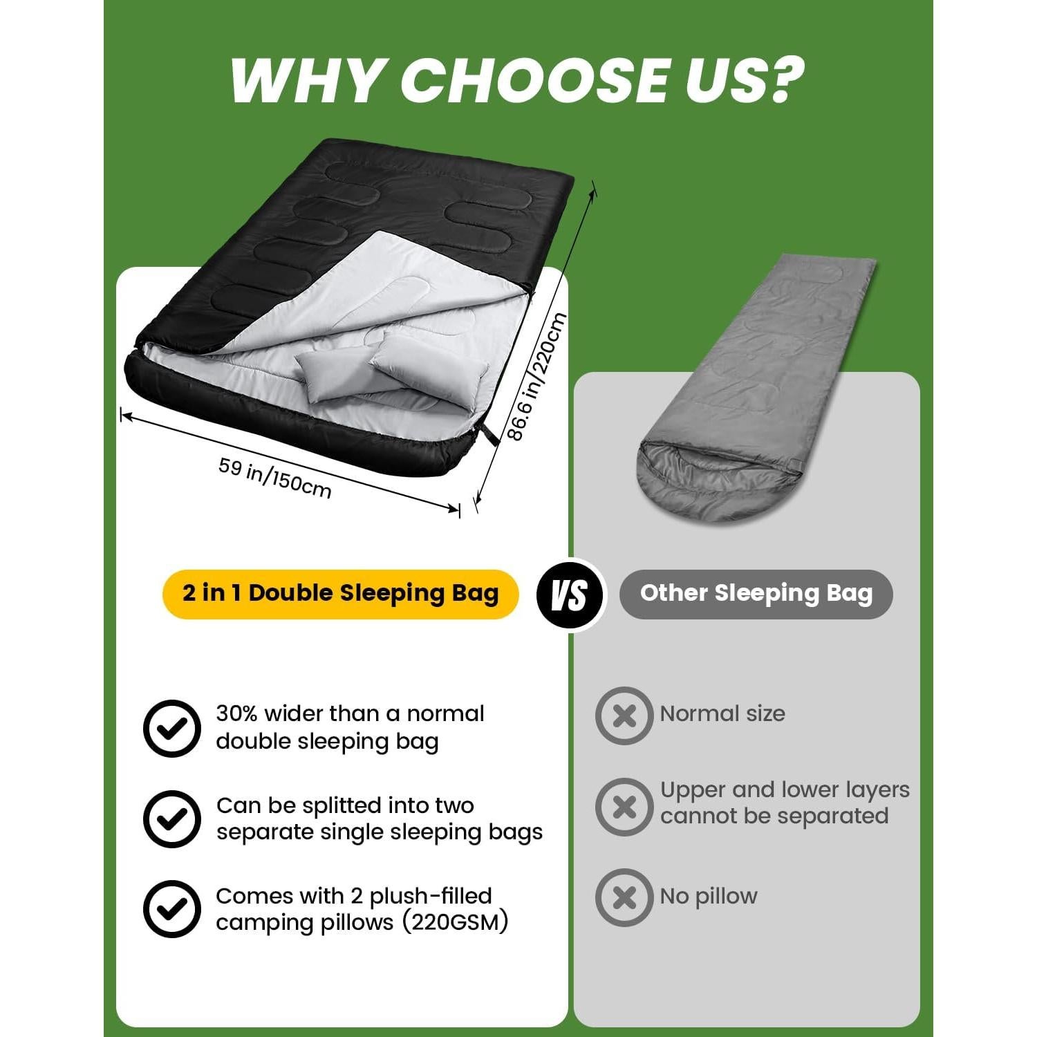 Saco de dormir doble Sportneer para 2 personas, 3 estaciones