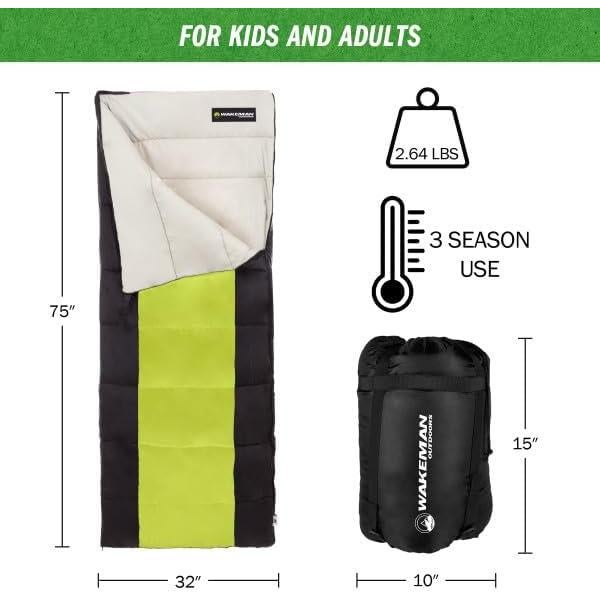 Saco de dormir Wakeman Outdoors 2 estaciones Verde Neón 190.5x81.3cm