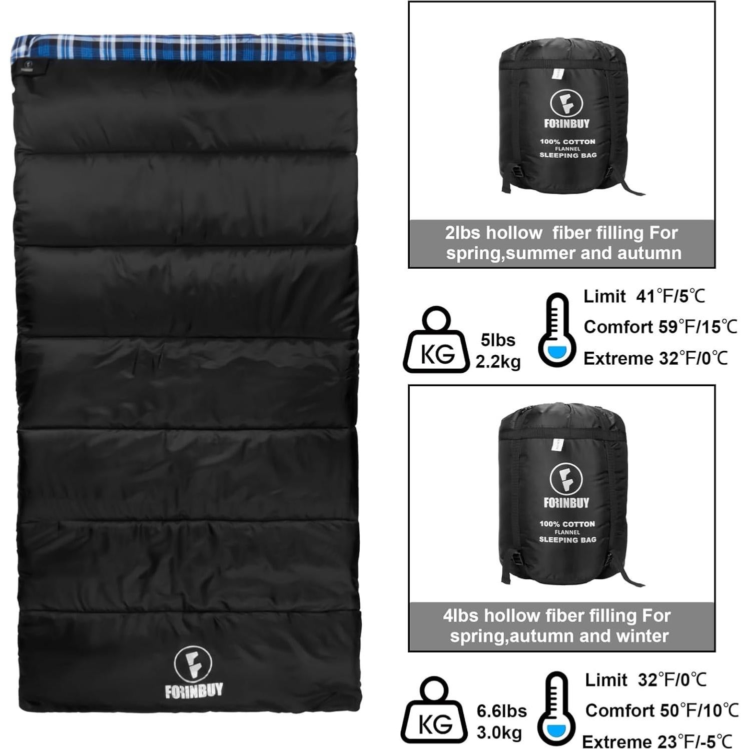 Saco de Dormir Forinbuy XL Franela Algodón Impermeable 4 Estaciones