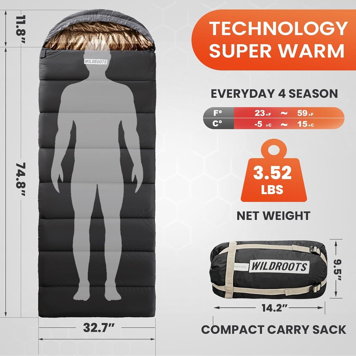 Saco de dormir WILDROOTS para clima frío, 1 persona, gris