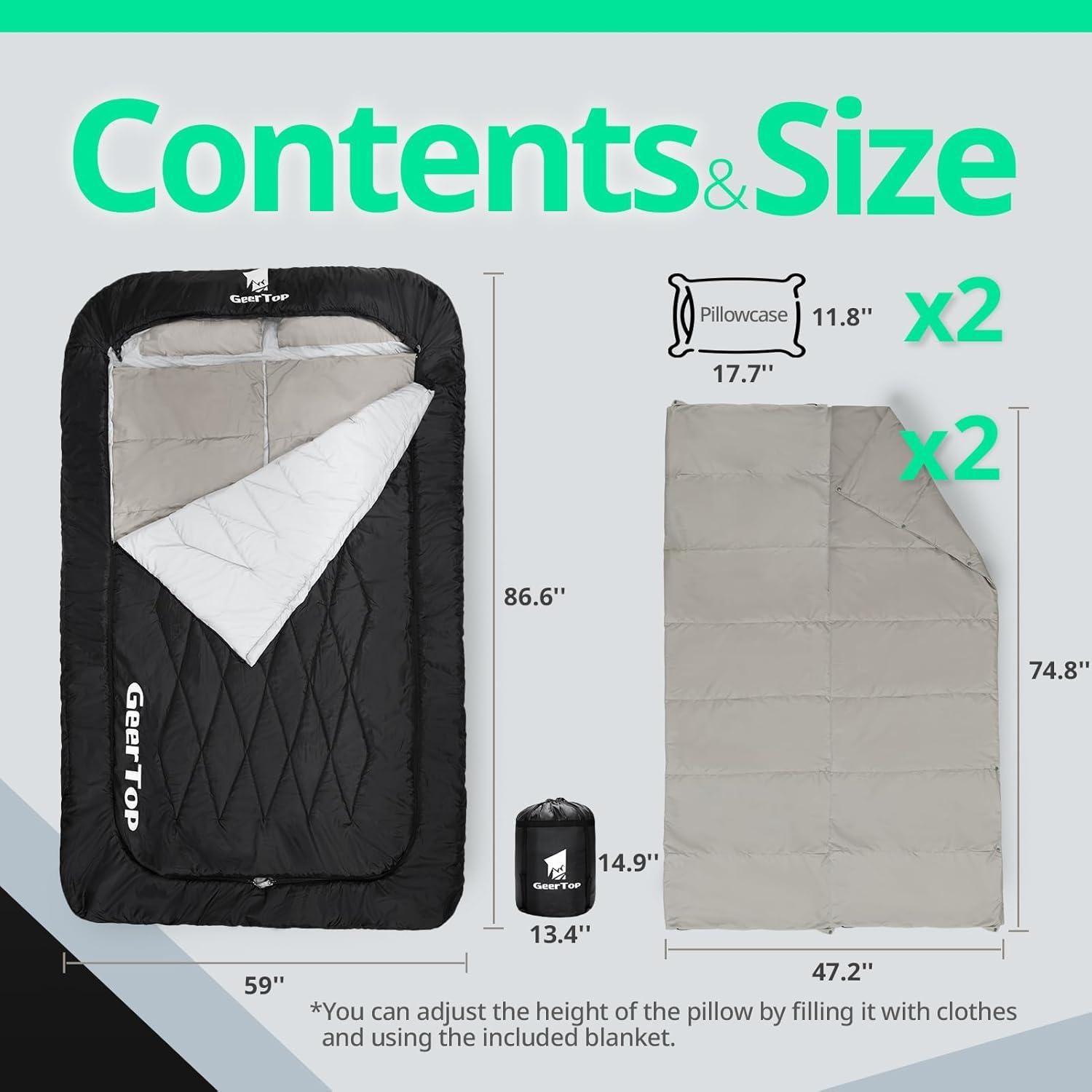 Saco de Dormir Doble Ancho GEERTOP Queen para 2 Personas