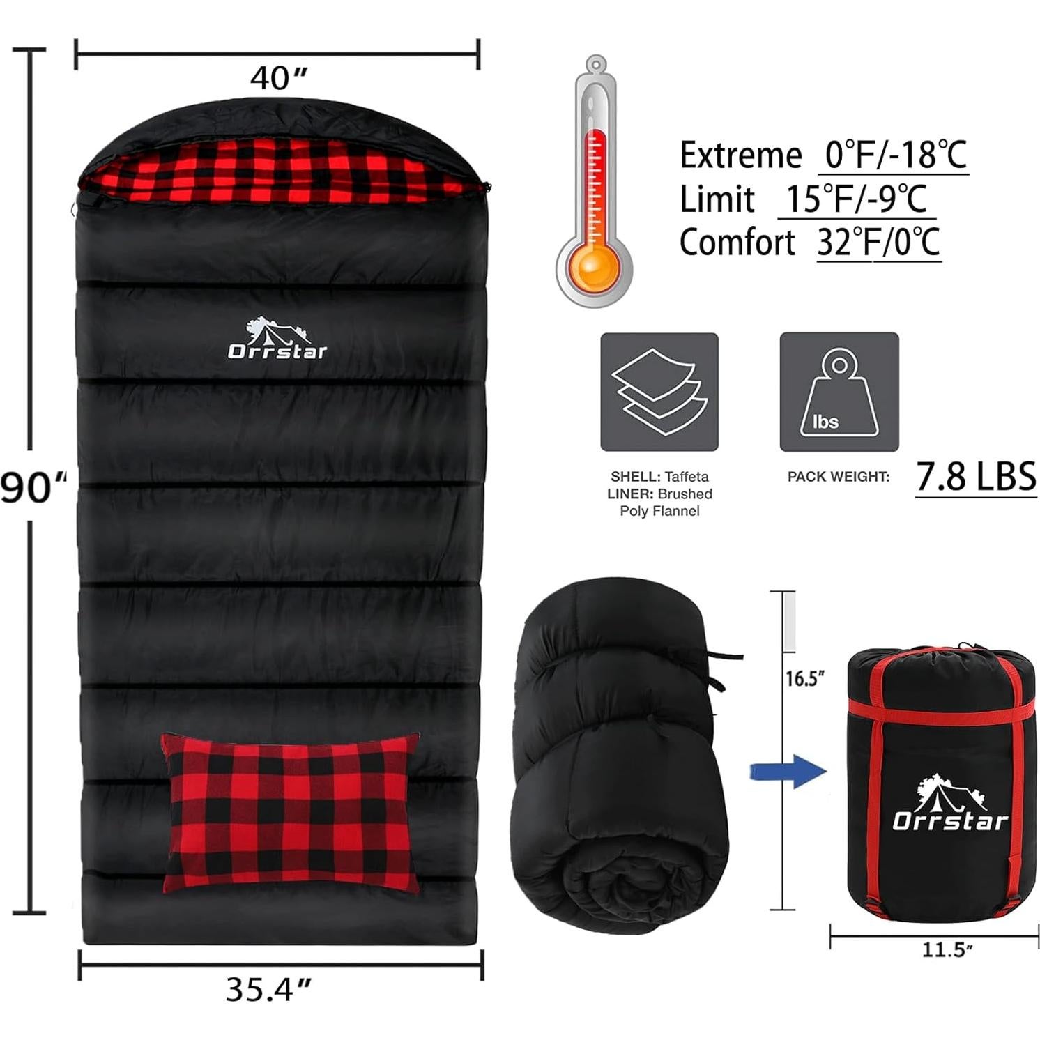 Saco de Dormir Extra Grande Orrstar para Clima Frío - 0°C