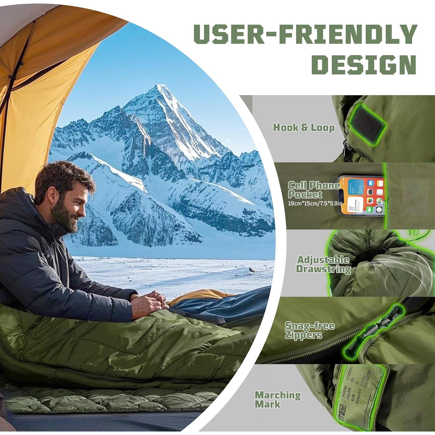 Sleeping Bags for Adults, 34°F to 43°F Ultralight Warm Cold Weather Sleeping Bag for Camping, Backpacking, Hiking, Hunting, and Outdoor Travel with Compression Sack