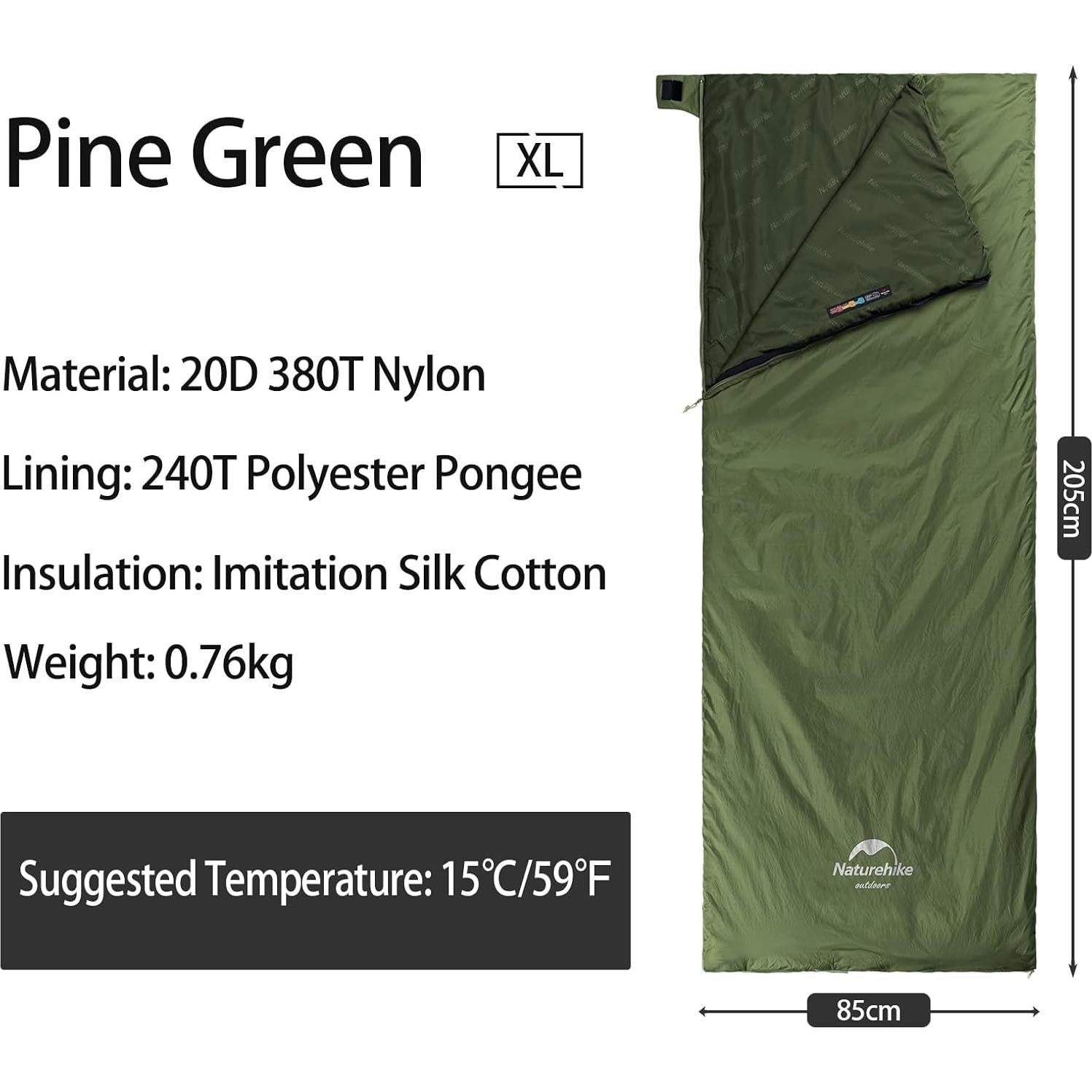 Saco de dormir ultraligero Naturehike 0.76 kg, 15°C/0°C, verde