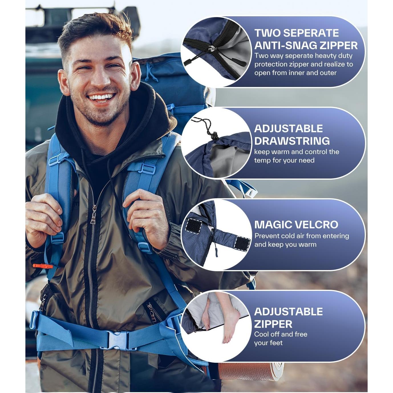 Saco de dormir Sportneer 3 estaciones 220x75 cm azul oscuro