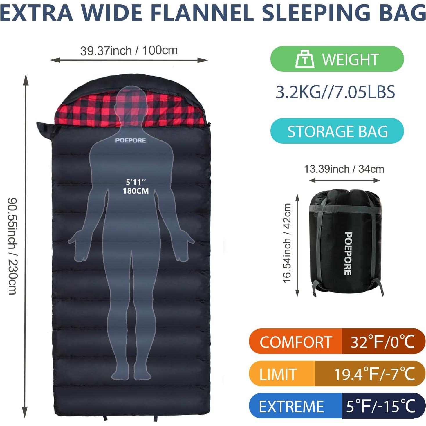 Saco de dormir XXL POEPORE 0°C Algodón Franela Camping