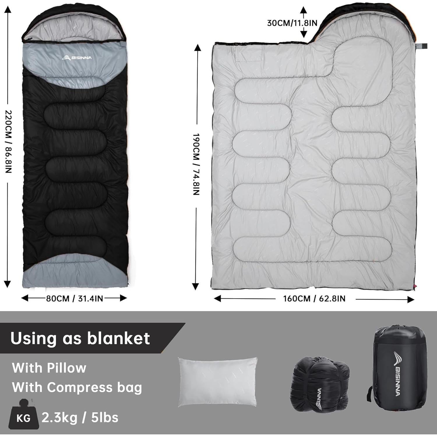 Saco de Dormir BISINNA Invierno 0°C 480GSM para Camping