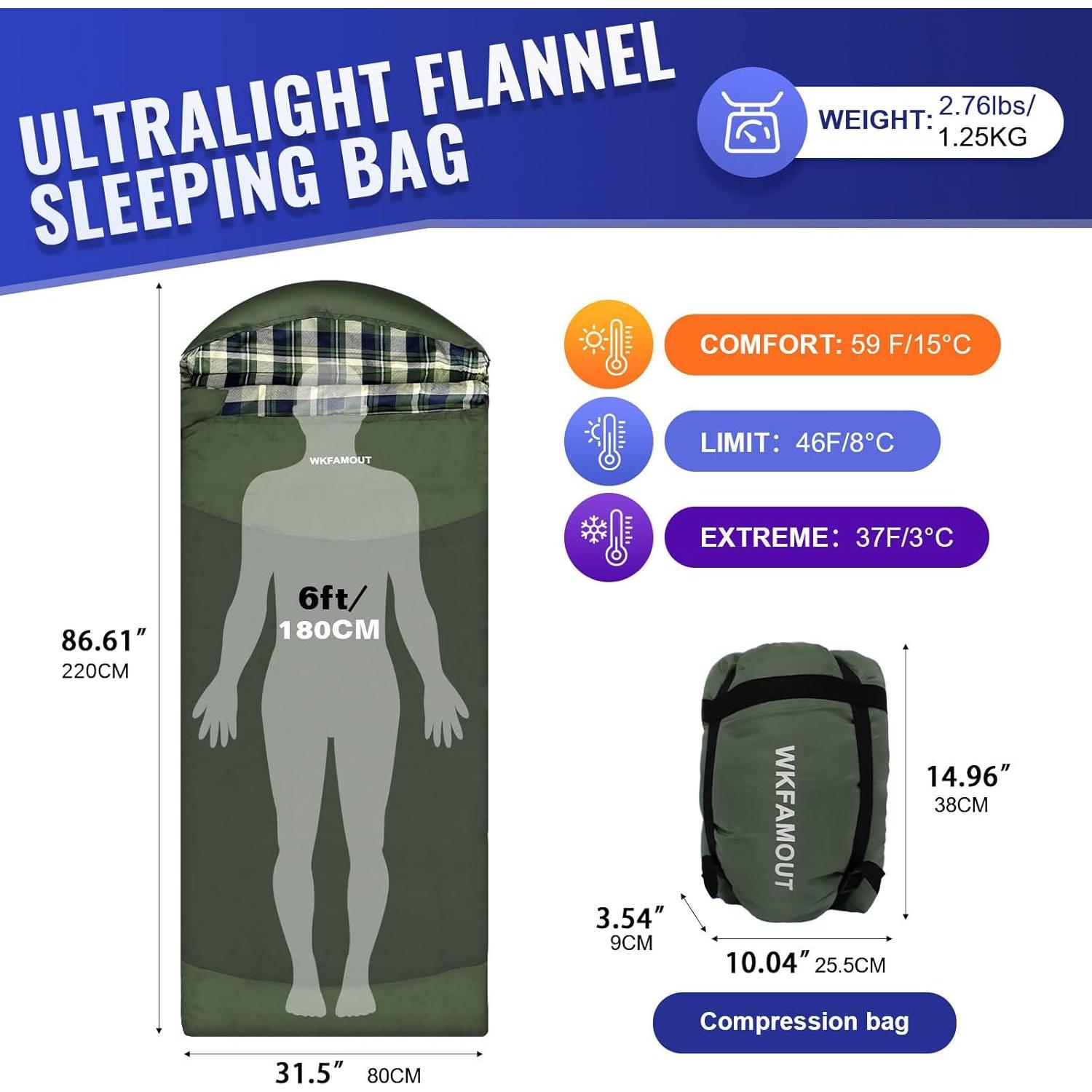 Saco de Dormir Ultraligero WKFAMOUT 200x83 cm para Senderismo