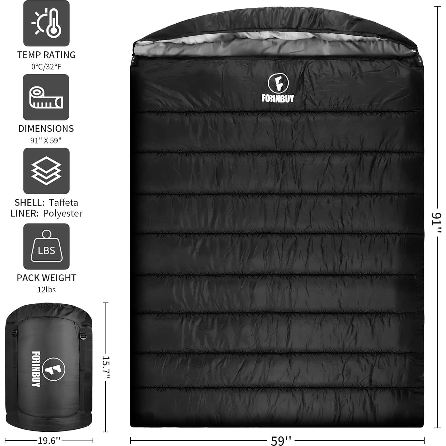 Saco de dormir doble Forinbuy 0°C para 2 personas gris-negro