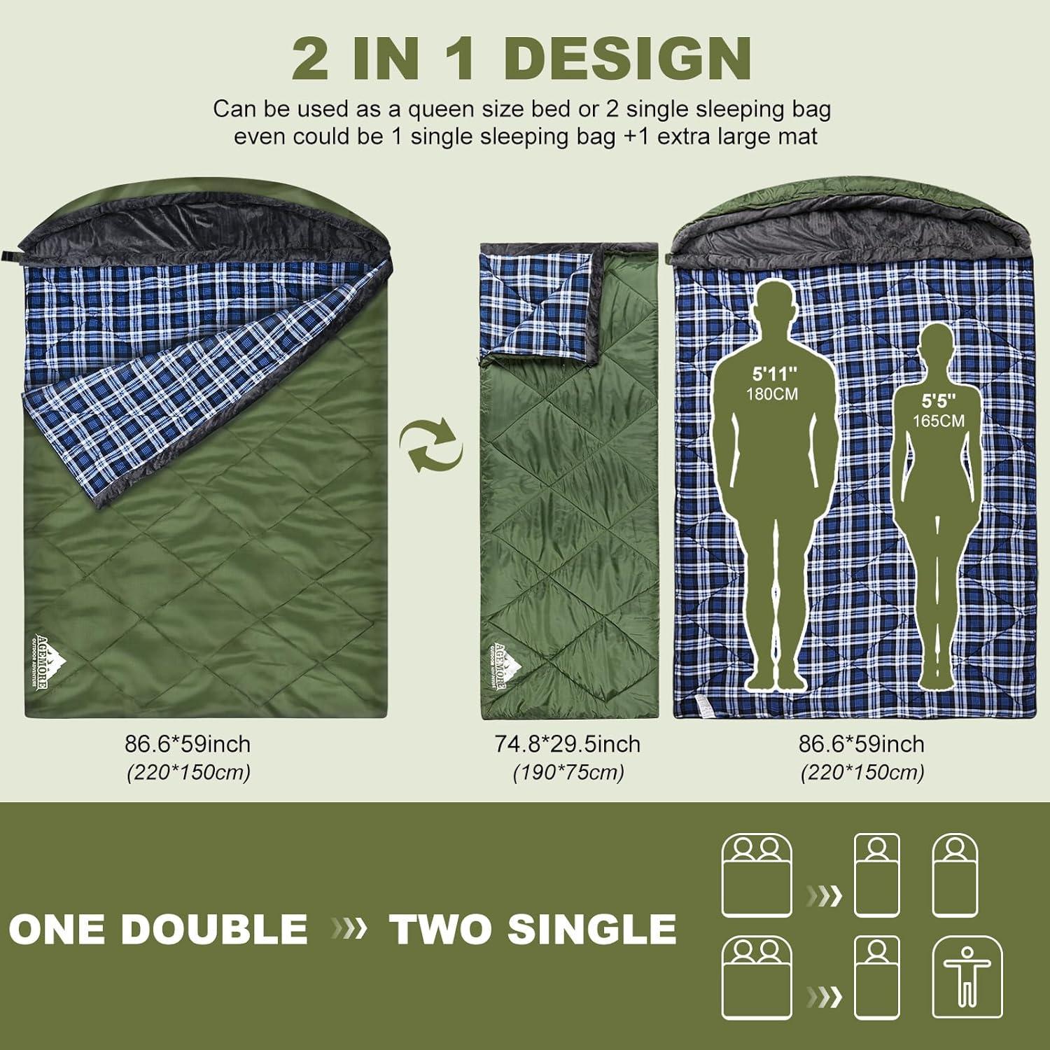Saco de Dormir Doble AGEMORE Algodón Flanelado Reina 2 Personas