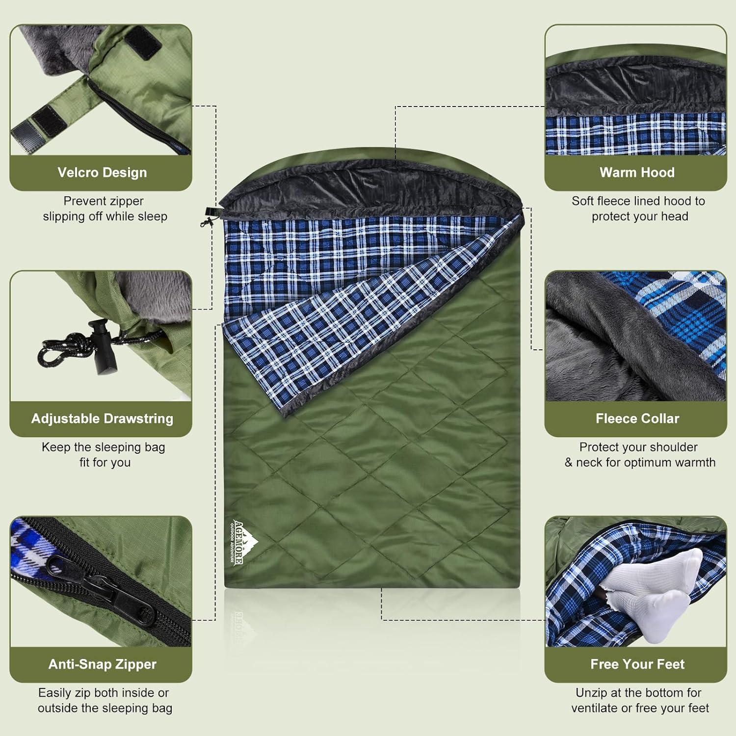 Saco de Dormir Doble AGEMORE Algodón Flanelado Reina 2 Personas