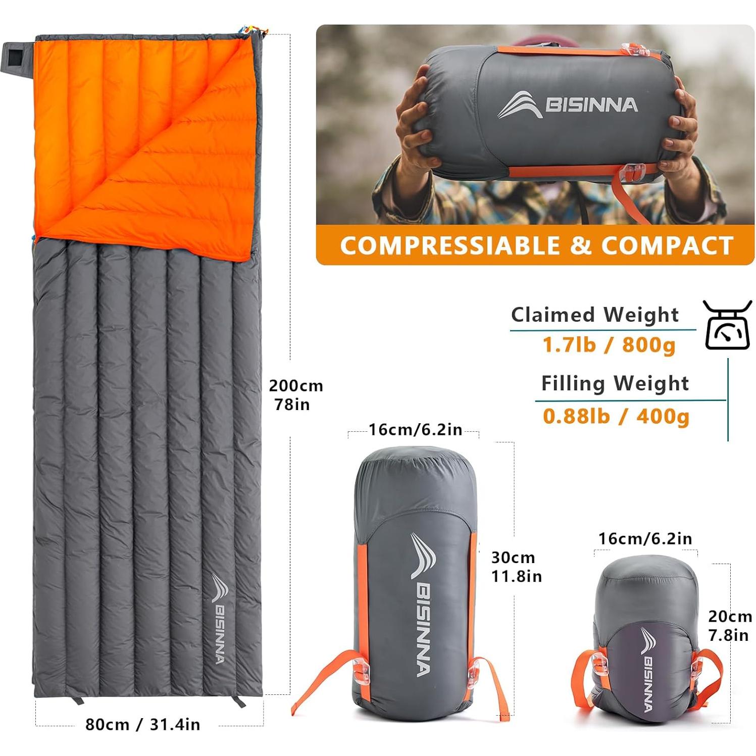 Saco de Dormir Ultraligero BISINNA 0.78kg 0-10C para Camping