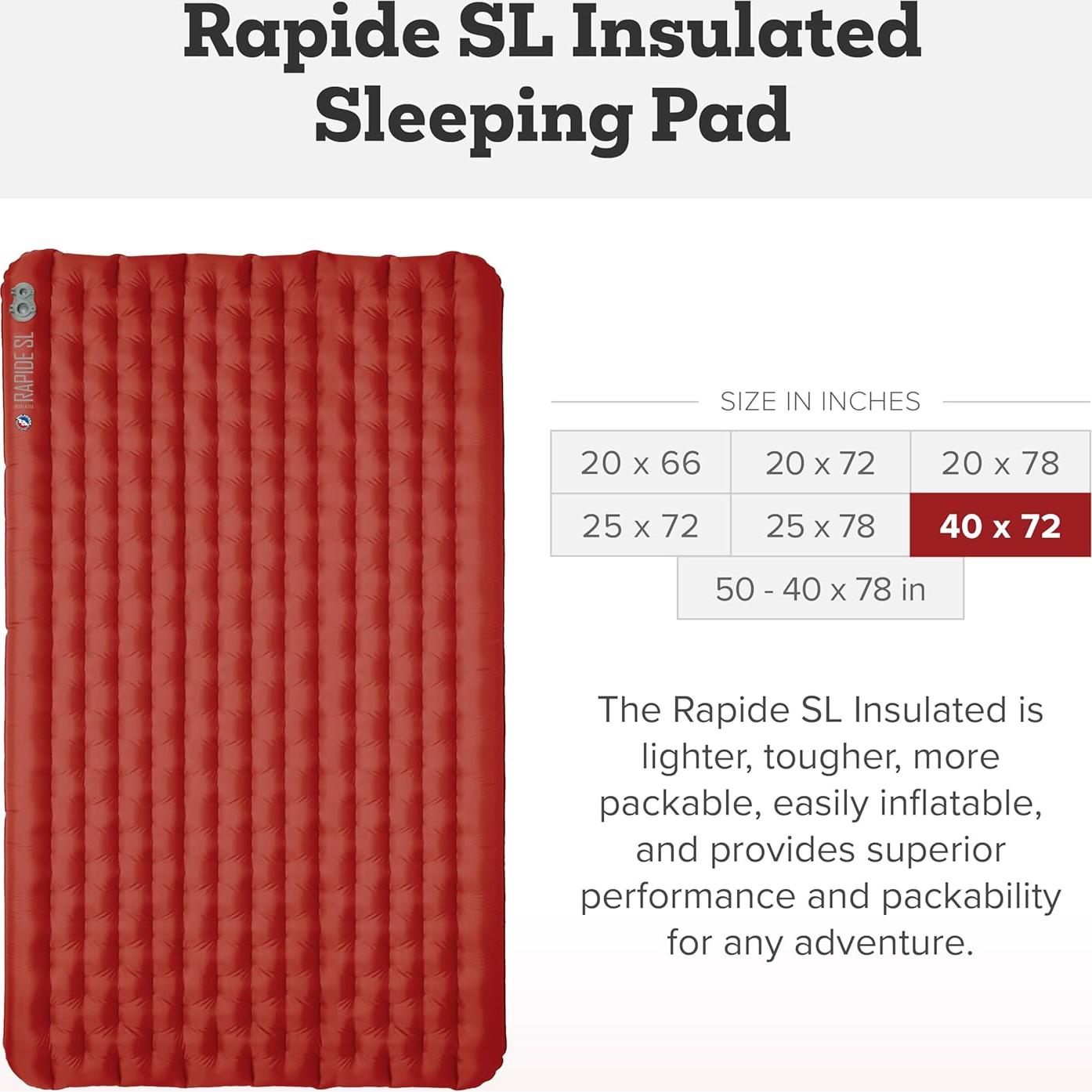 Big Agnes Rapide SL - Insulated Sleeping Pad, Ultralight, All Season Compact Backpacking and Hiking, Pumphouse Sack Included, Orange, 40X72 Double Wide