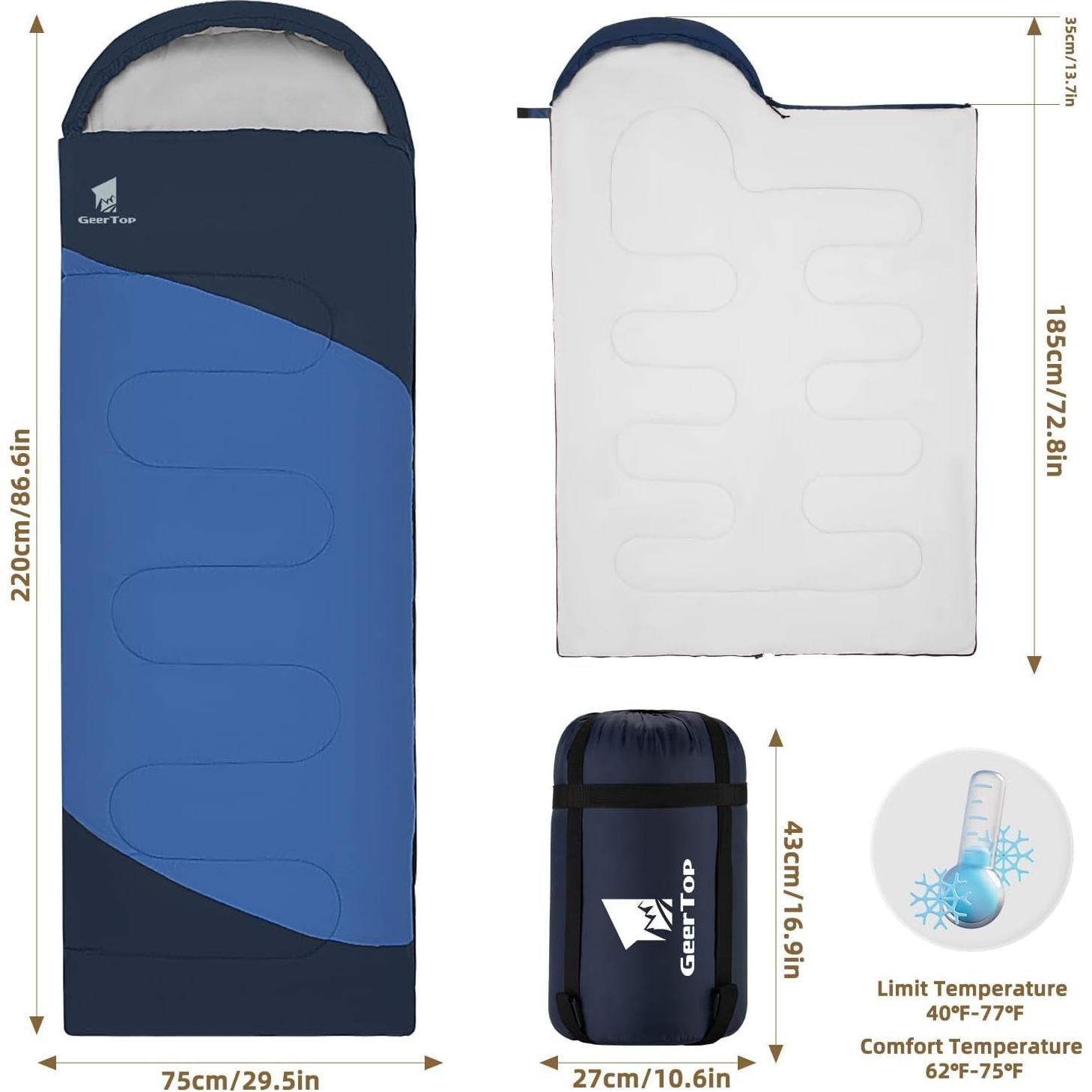 Saco de dormir GEERTOP A-Camping 219 cm Rosa y Azul para Camping