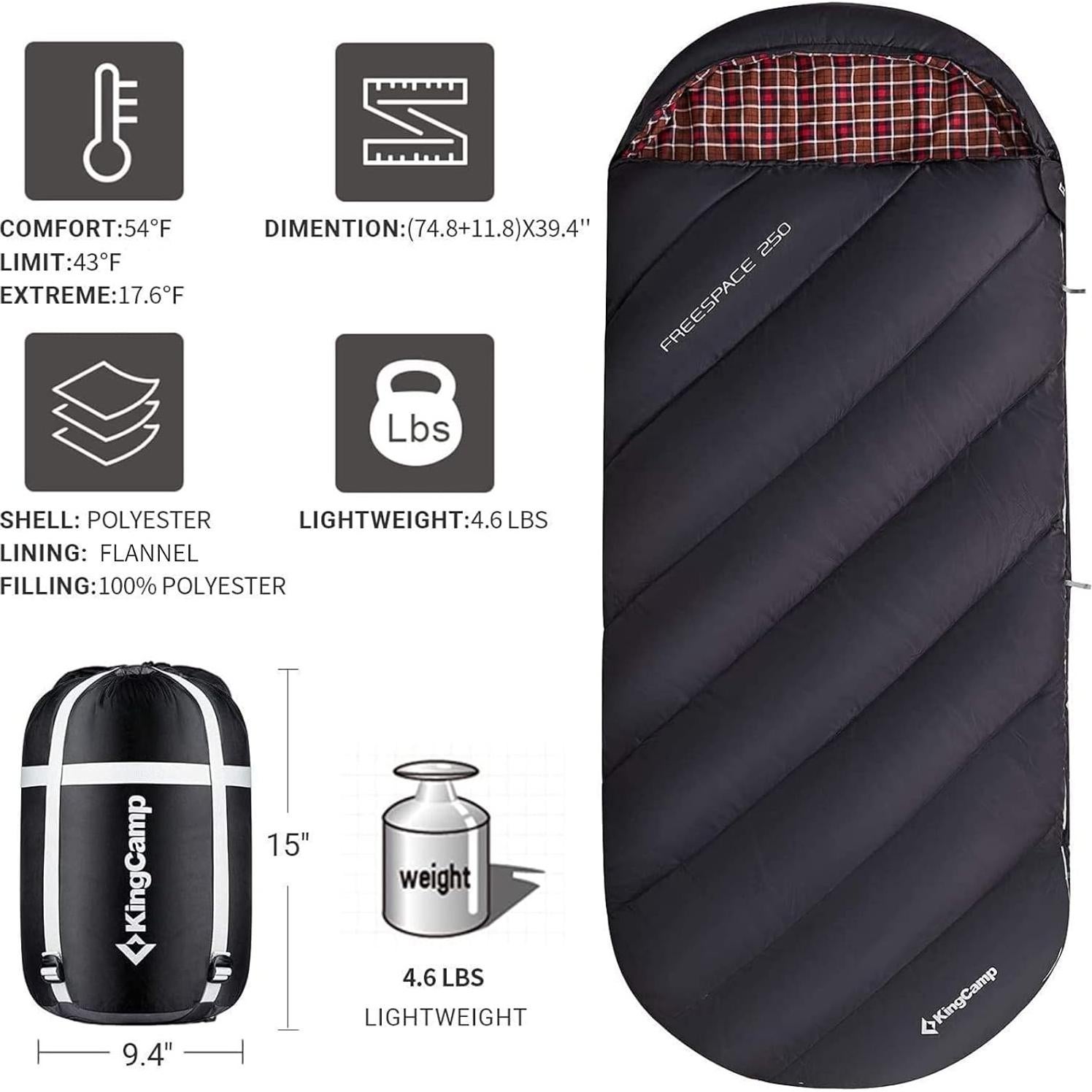 Saco de Dormir KingCamp Extra Ancho 220x100 cm 3 Temporadas