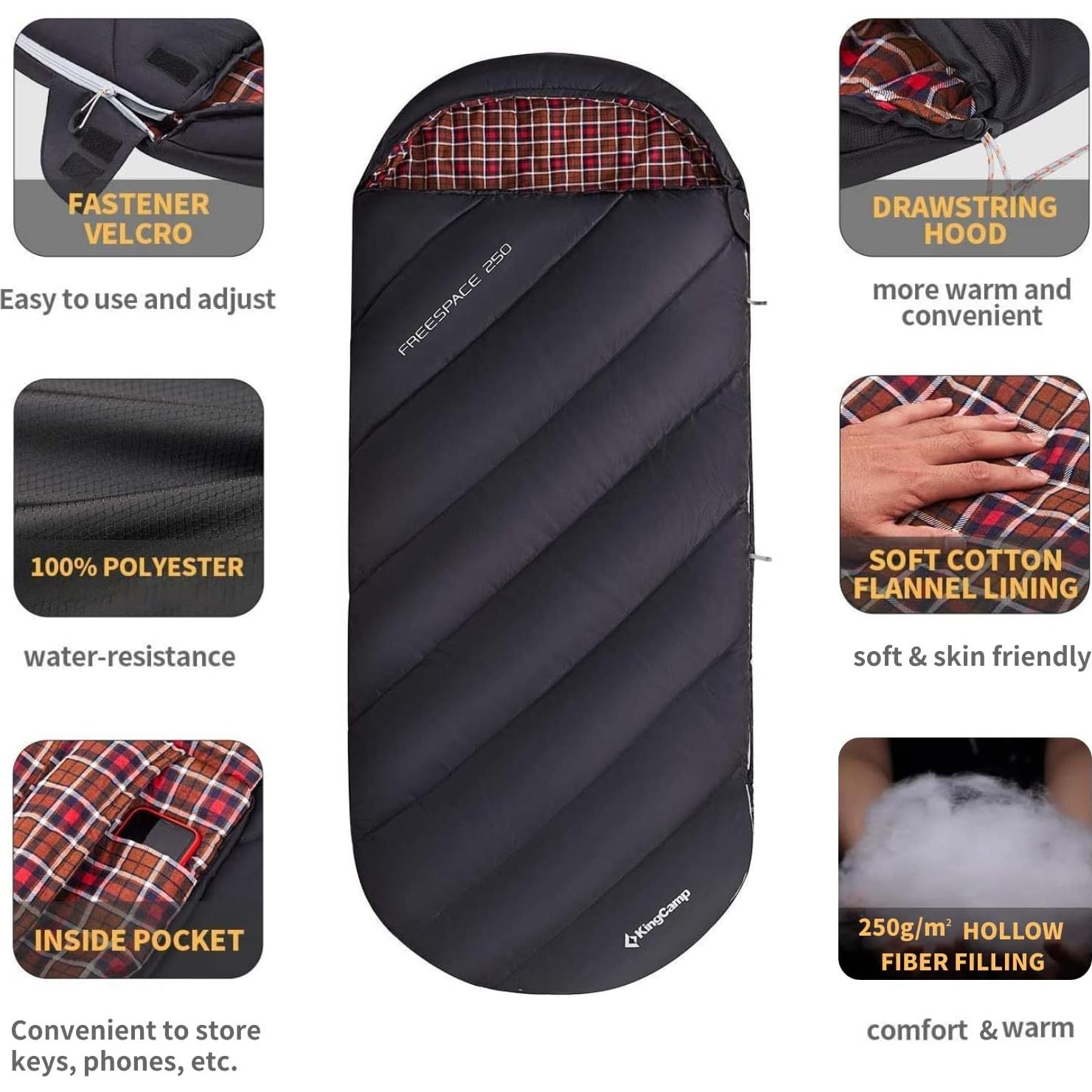 Saco de Dormir KingCamp Extra Ancho 220x100 cm 3 Temporadas