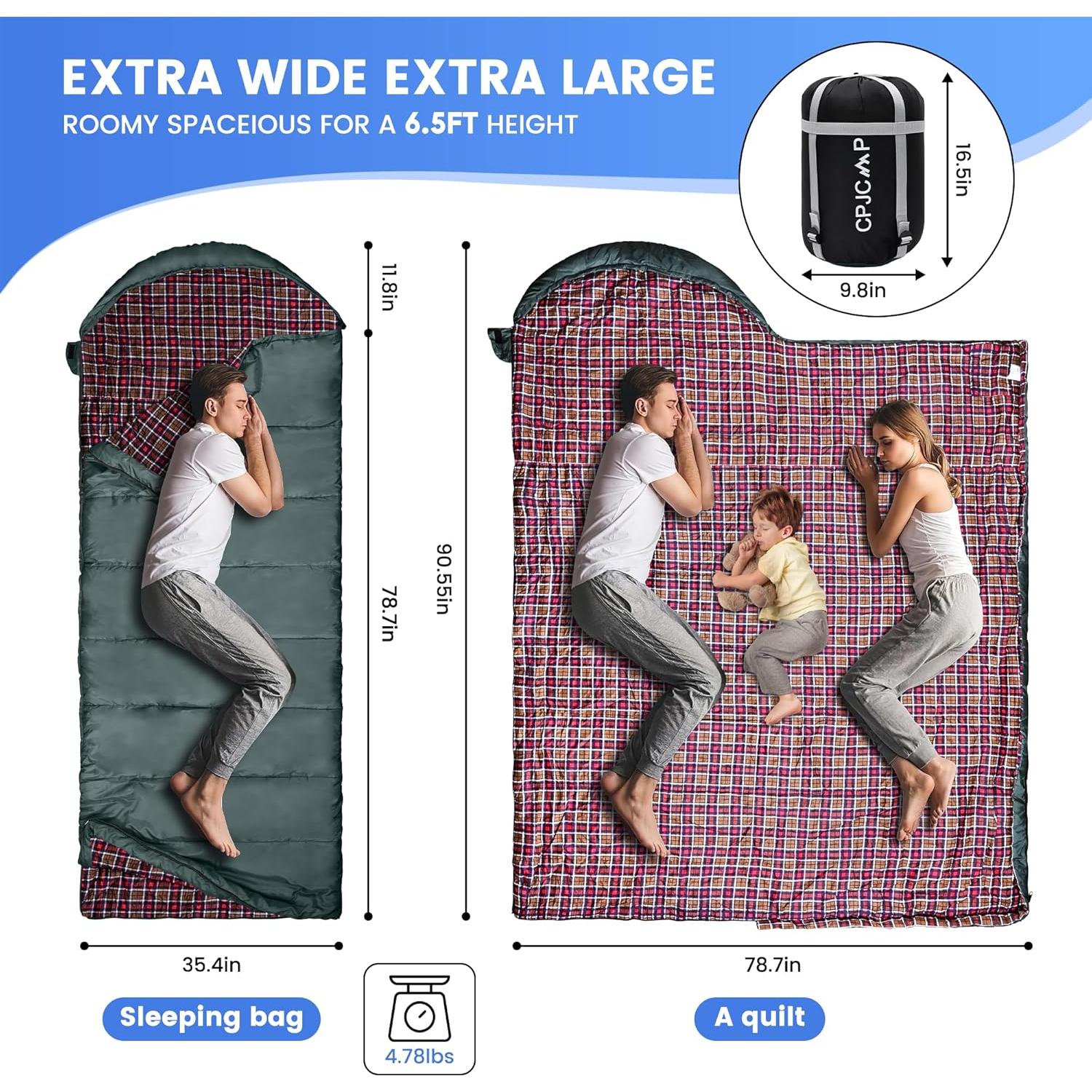 Saco de Dormir CPJCMP XXL 0°C Algodón Franela Verde Camping