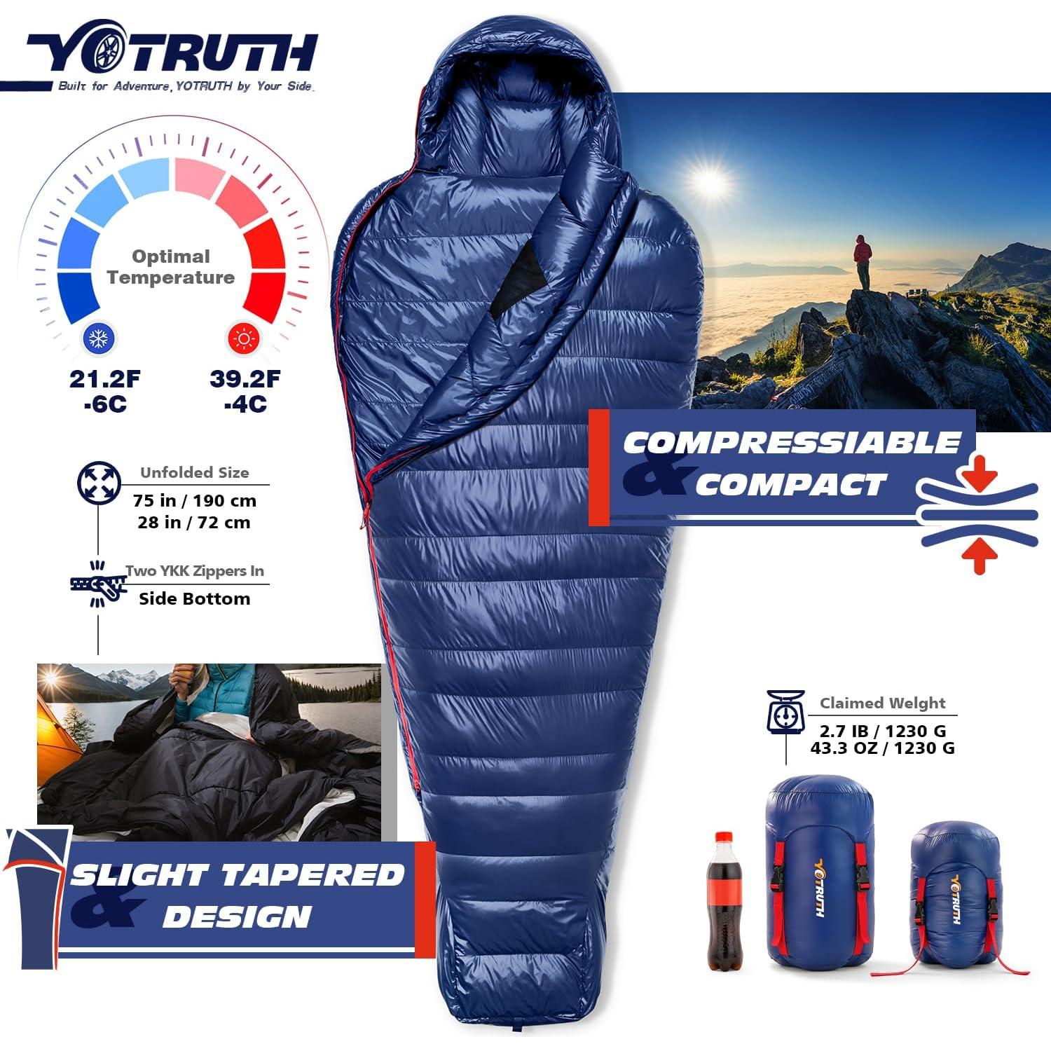 Saco de Dormir Tipo Momia Yotruth 650-FP Nylon Ripstop 20°F