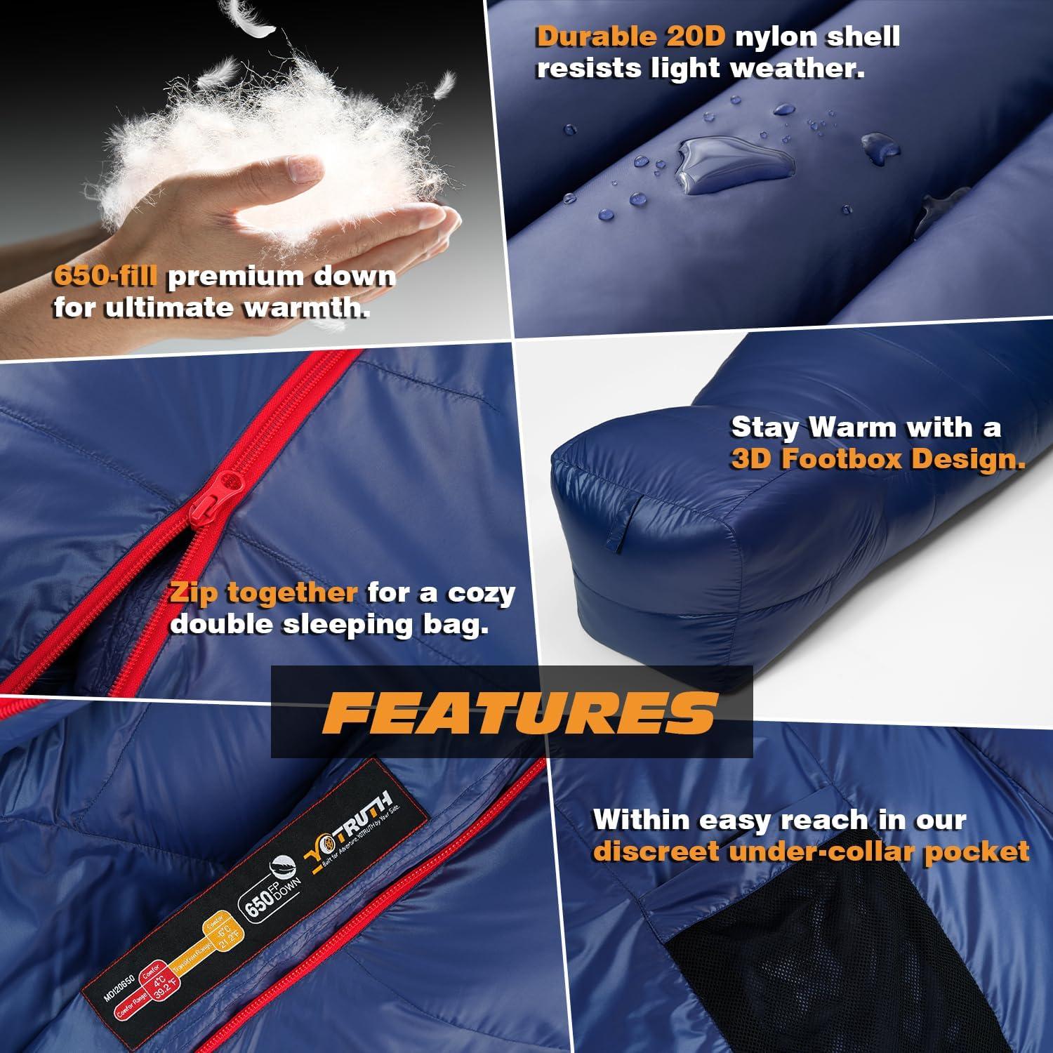 Saco de Dormir Tipo Momia Yotruth 650-FP Nylon Ripstop 20°F