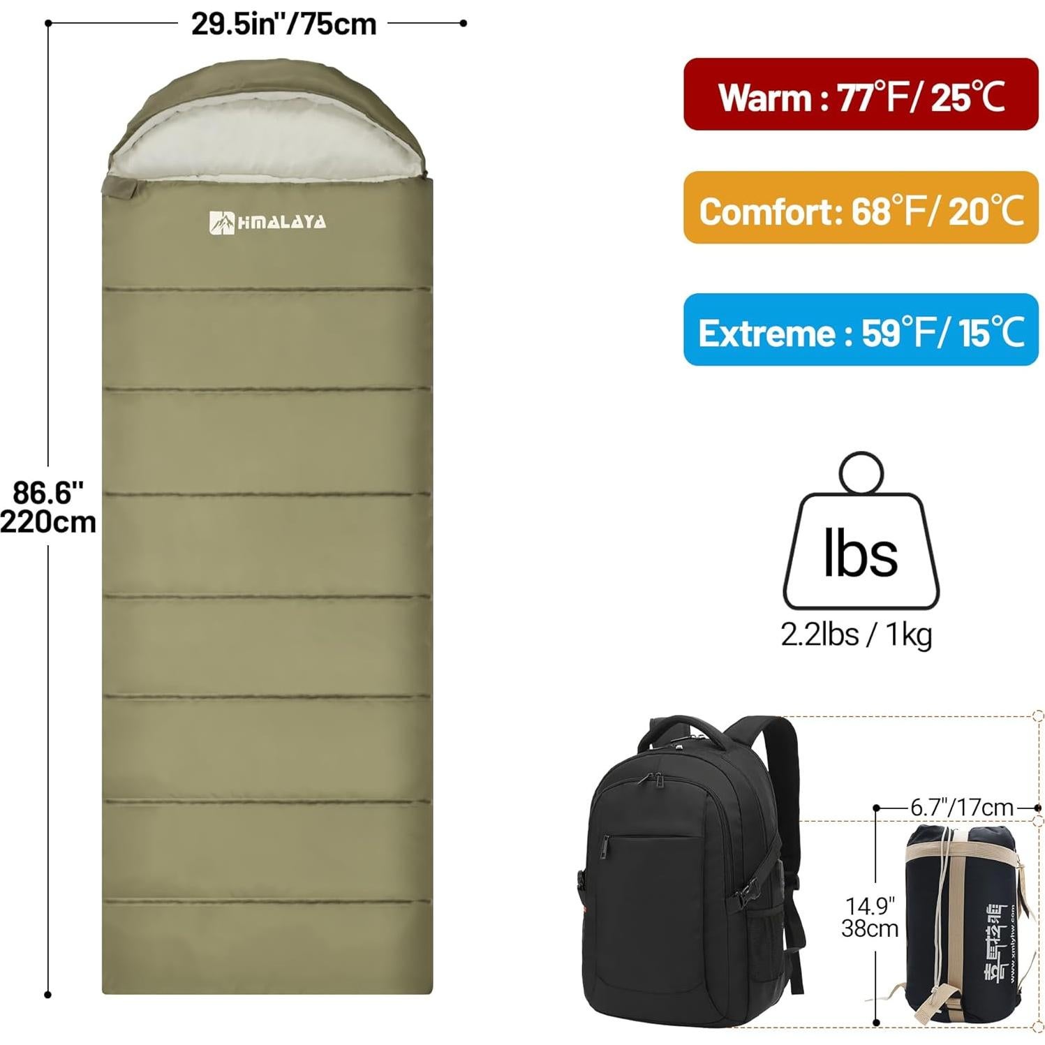 Saco de dormir para clima frío HD370311 - 20°F a 60°F