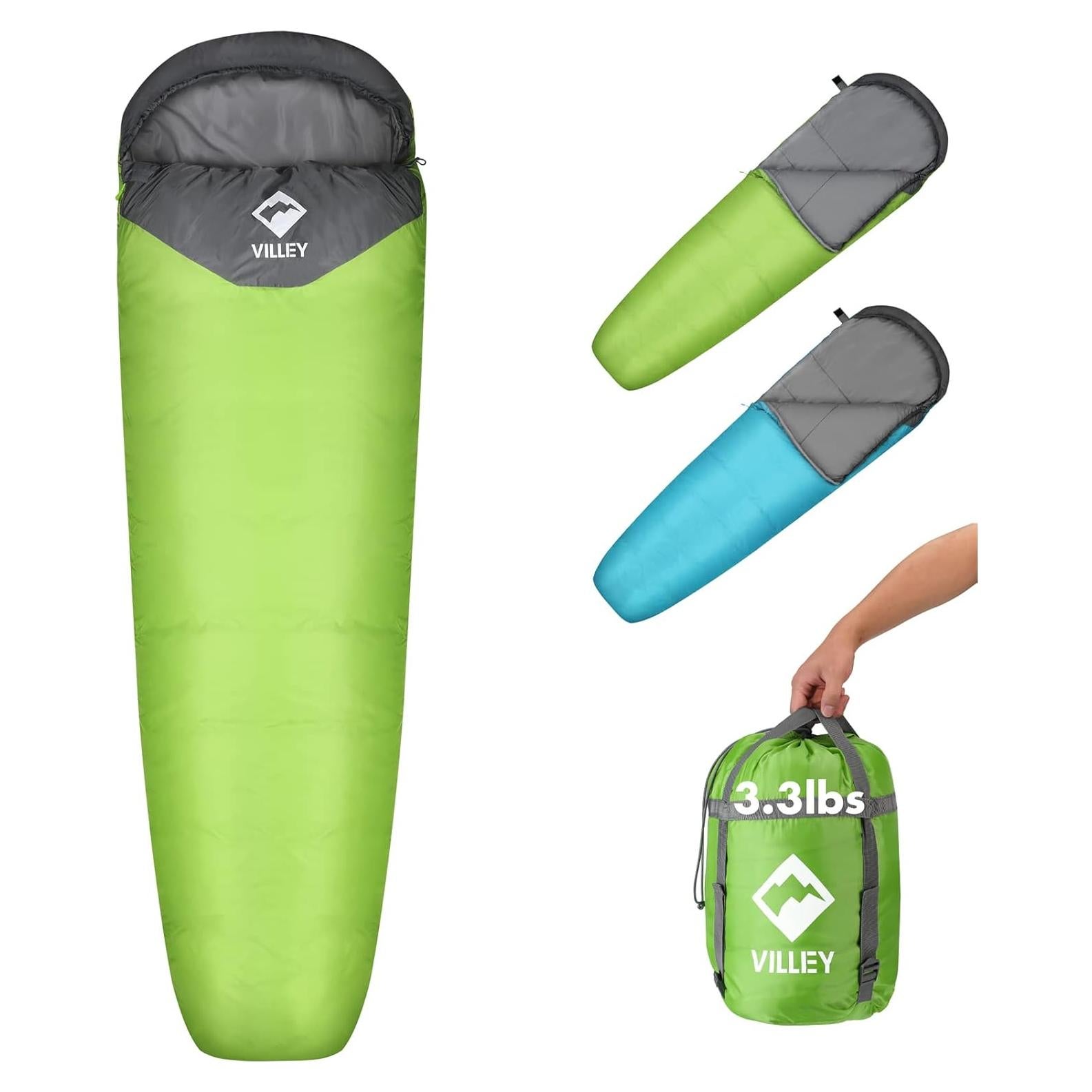 Saco de Dormir VILLEY Momia 220x80cm 1.5kg Verde Camping