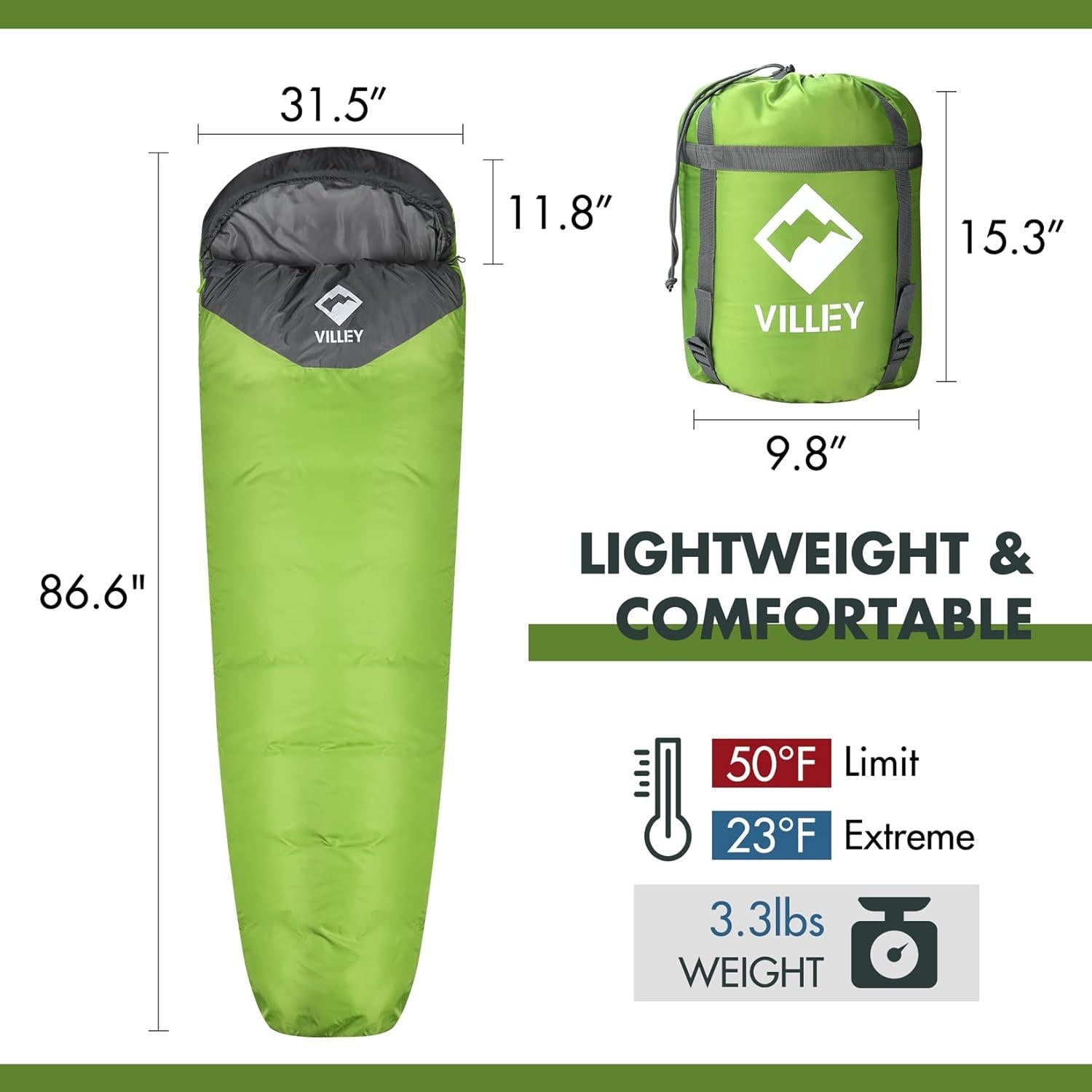 Saco de Dormir VILLEY Momia 220x80cm 1.5kg Verde Camping