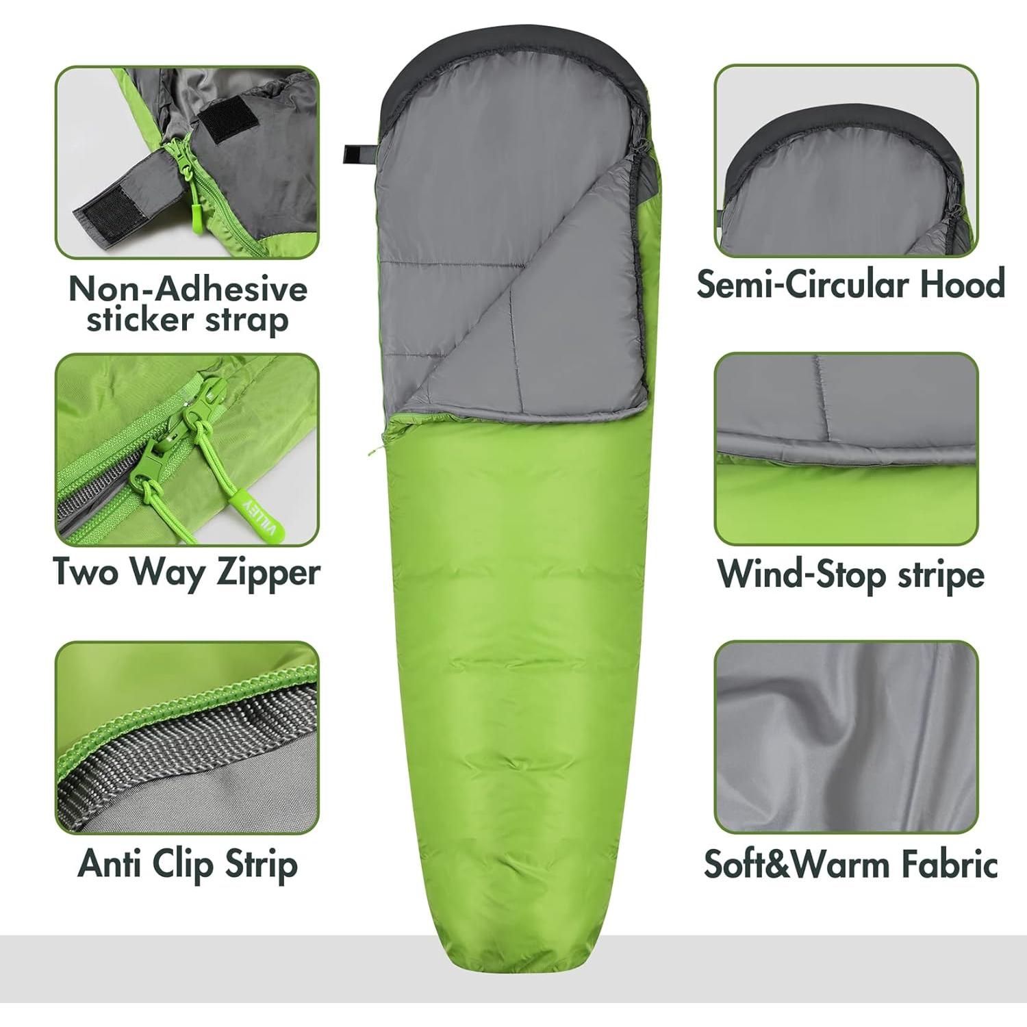 Saco de Dormir VILLEY Momia 220x80cm 1.5kg Verde Camping