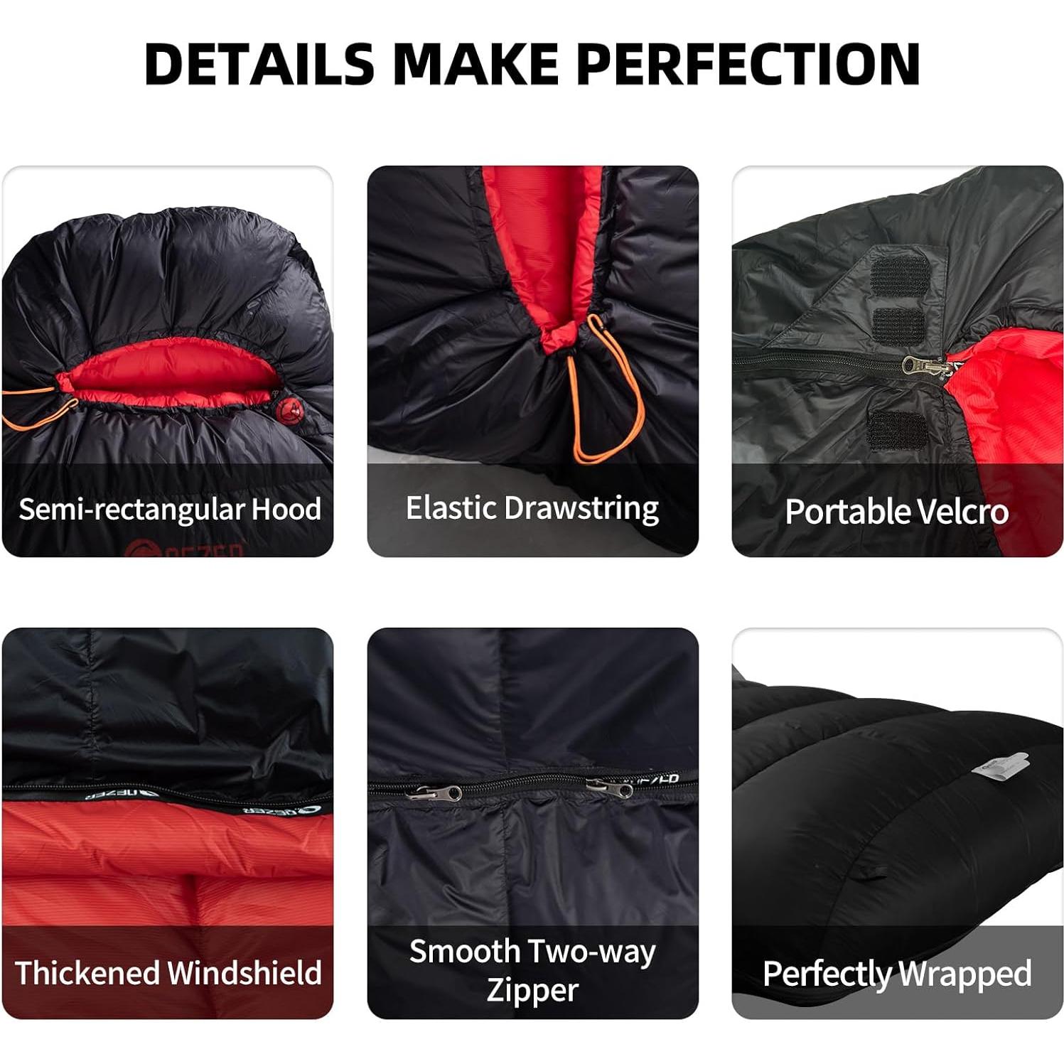 Saco de Dormir QEZER Plumas 620FP 0°C Ultraligero Negro