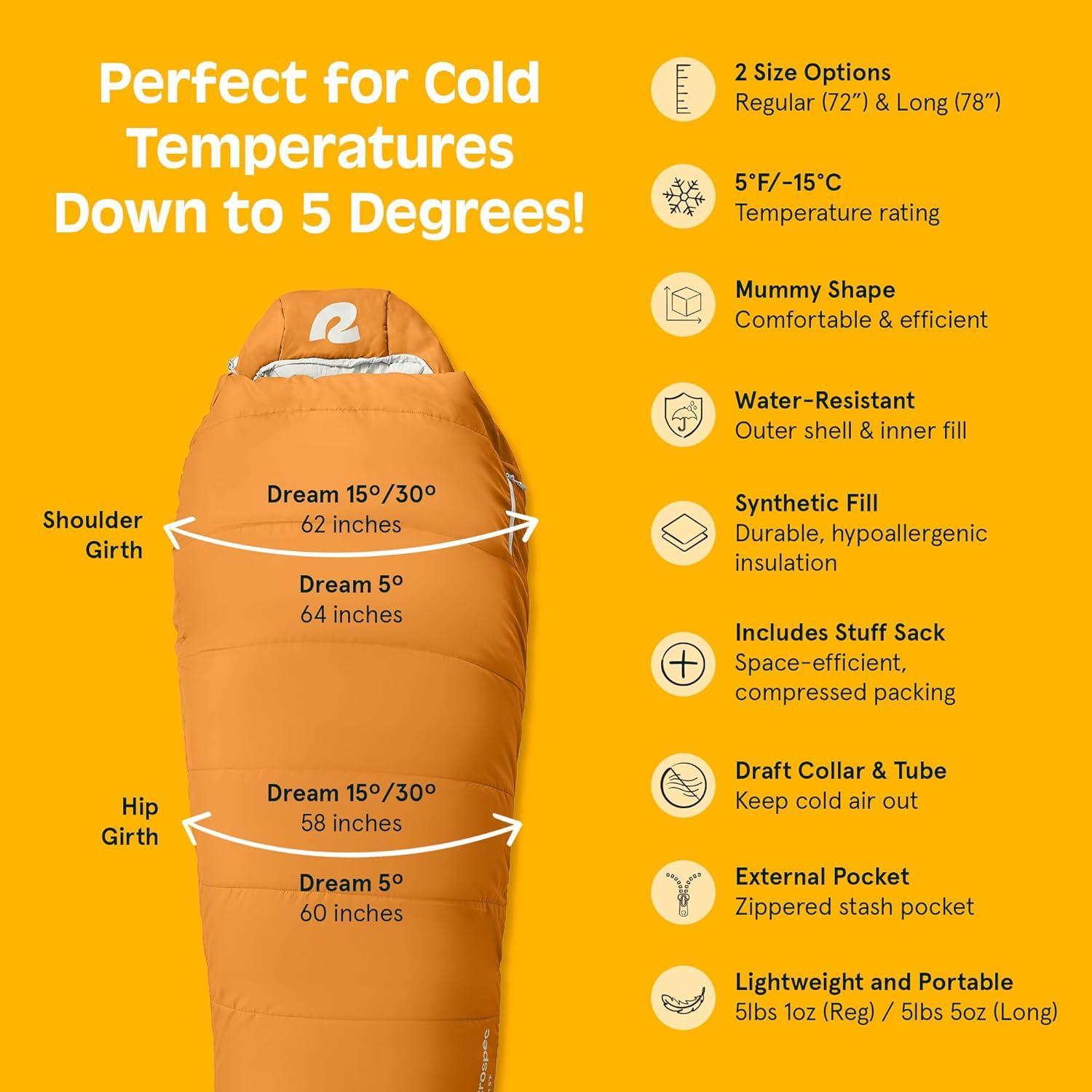 Saco de dormir Retrospec Dream 30ºC Momia Aislado para Acampar