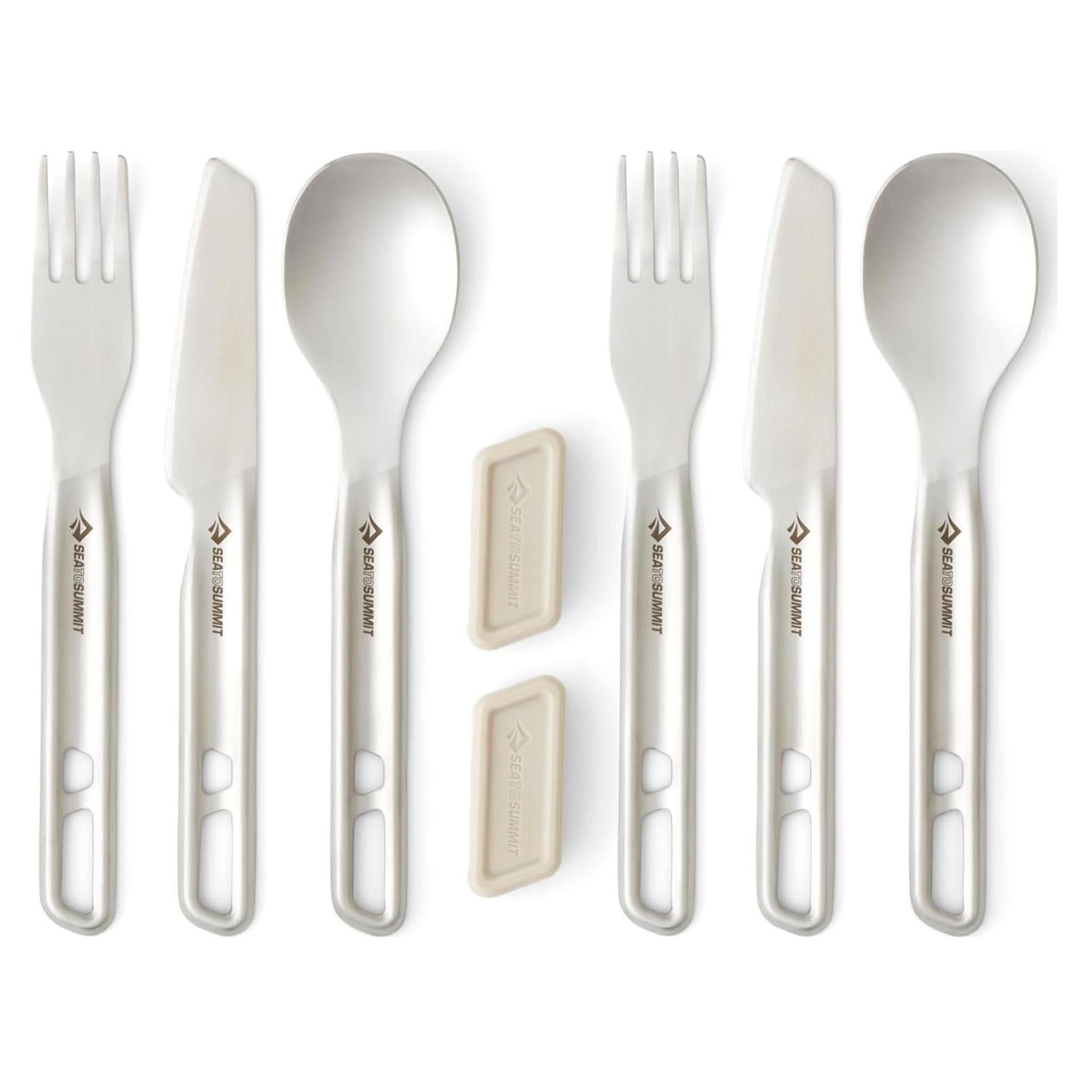 Sea to Summit Detour Stainless Steel Camp Cutlery Set, 2 Person (2 Knives, Forks, Spoons, w/Silicone Keeper)