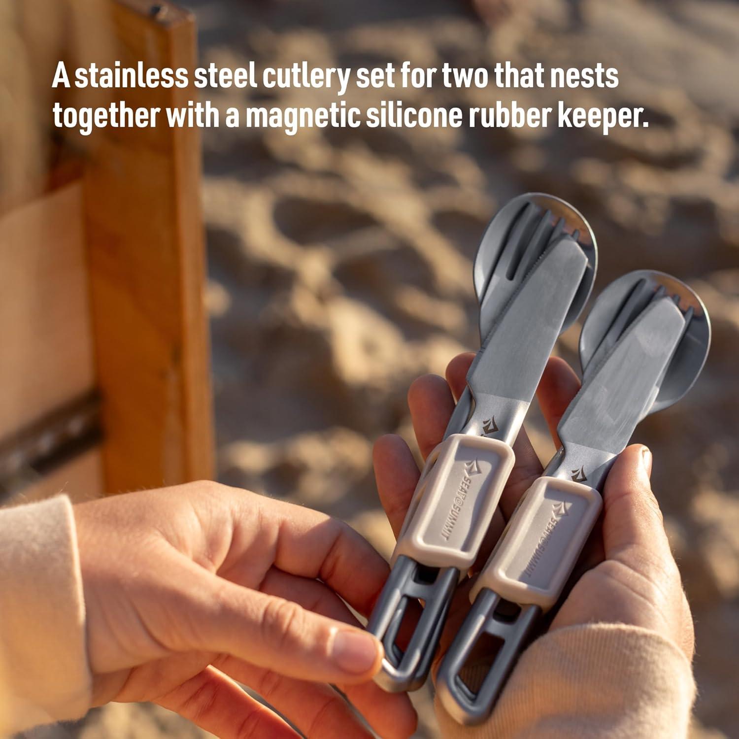 Sea to Summit Detour Stainless Steel Camp Cutlery Set, 2 Person (2 Knives, Forks, Spoons, w/Silicone Keeper)