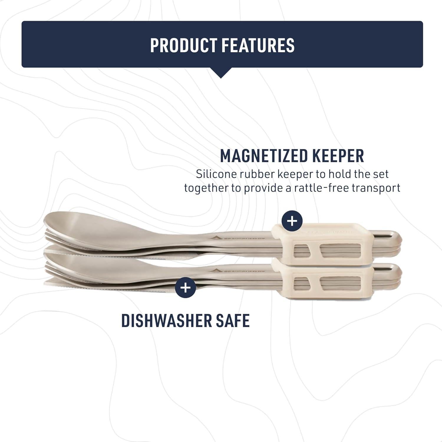 Sea to Summit Detour Stainless Steel Camp Cutlery Set, 2 Person (2 Knives, Forks, Spoons, w/Silicone Keeper)