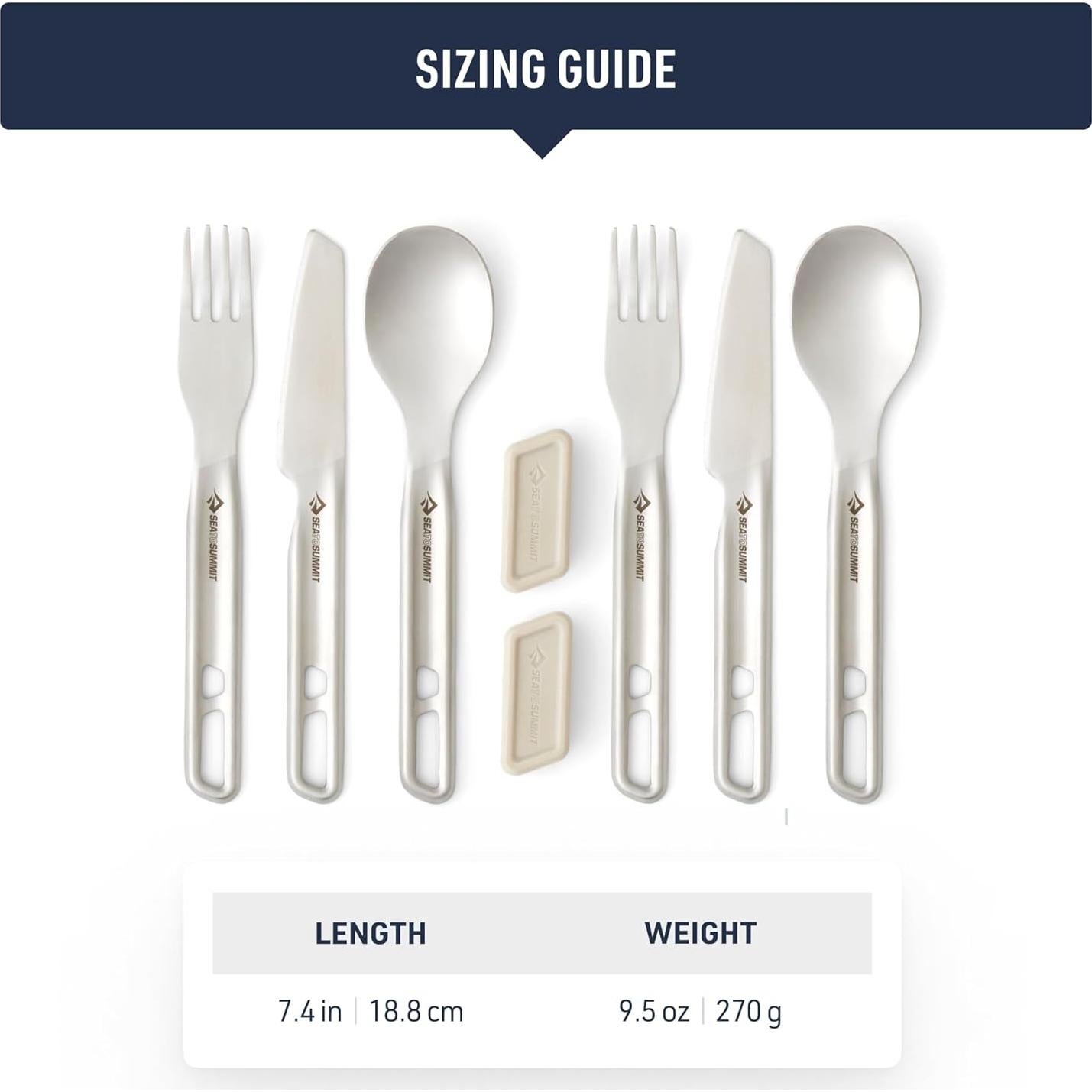 Sea to Summit Detour Stainless Steel Camp Cutlery Set, 2 Person (2 Knives, Forks, Spoons, w/Silicone Keeper)