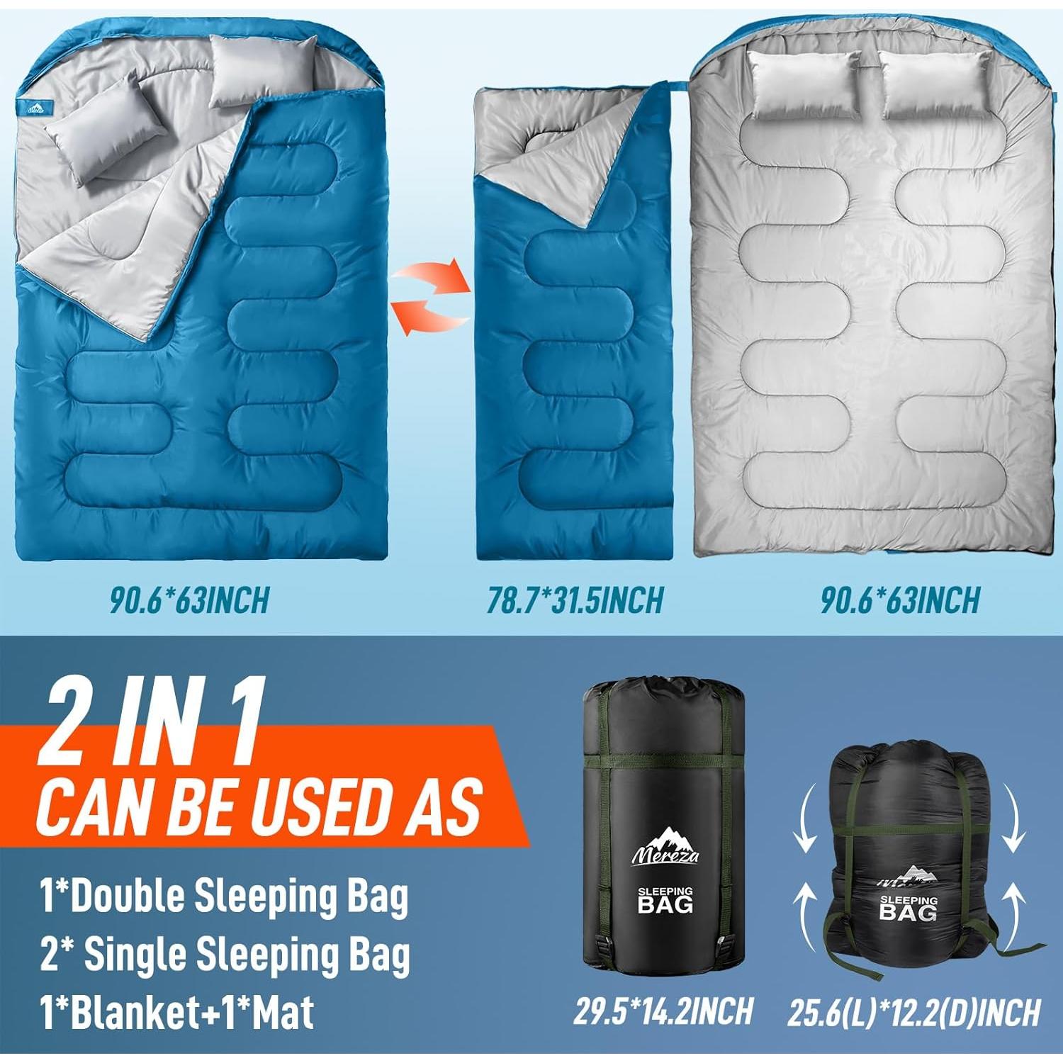 Saco de Dormir Doble MEREZA XL para 2 Personas - Camping y Senderismo