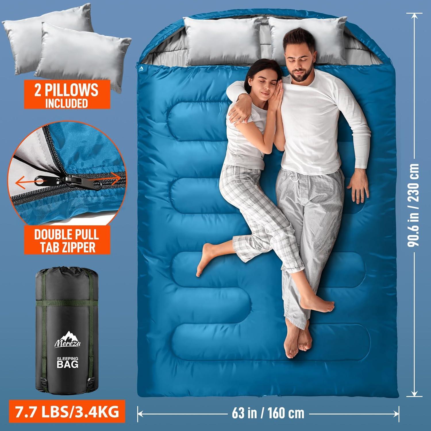 Saco de Dormir Doble MEREZA XL para 2 Personas - Camping y Senderismo