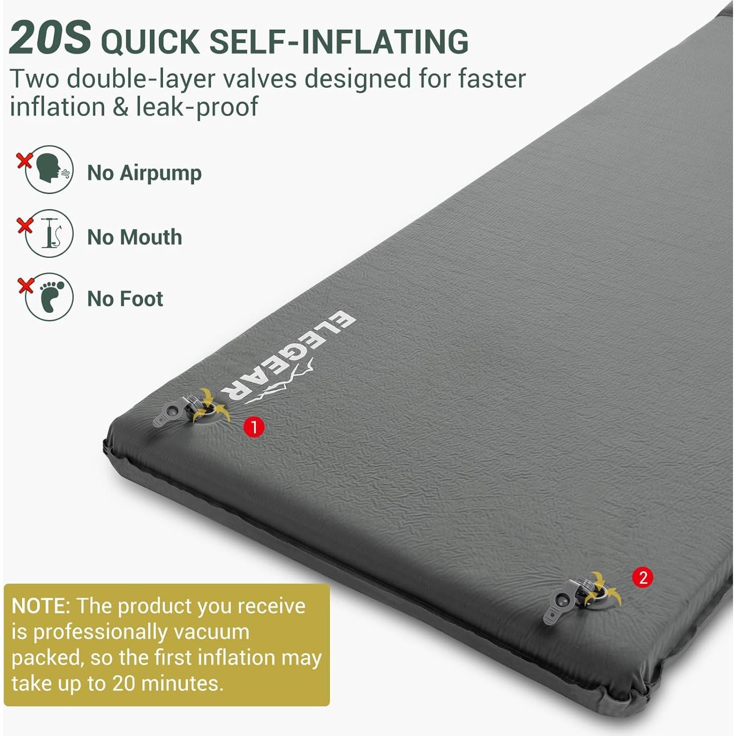Self Inflating Sleeping Pad, 3.15" Ultra-Thick Memory Foam Camping Pad with Pillow Fast Inflating in 20s Insulated Camping Mattress Pad 4-Season Camp Sleeping Mat for Camp/Travel/Car/Tent