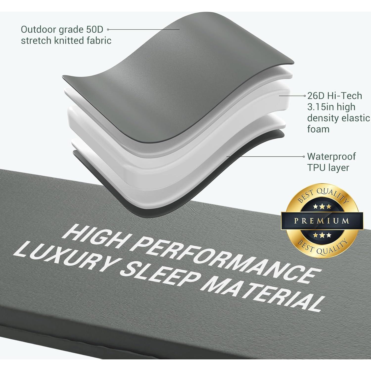 Self Inflating Sleeping Pad, 3.15" Ultra-Thick Memory Foam Camping Pad with Pillow Fast Inflating in 20s Insulated Camping Mattress Pad 4-Season Camp Sleeping Mat for Camp/Travel/Car/Tent
