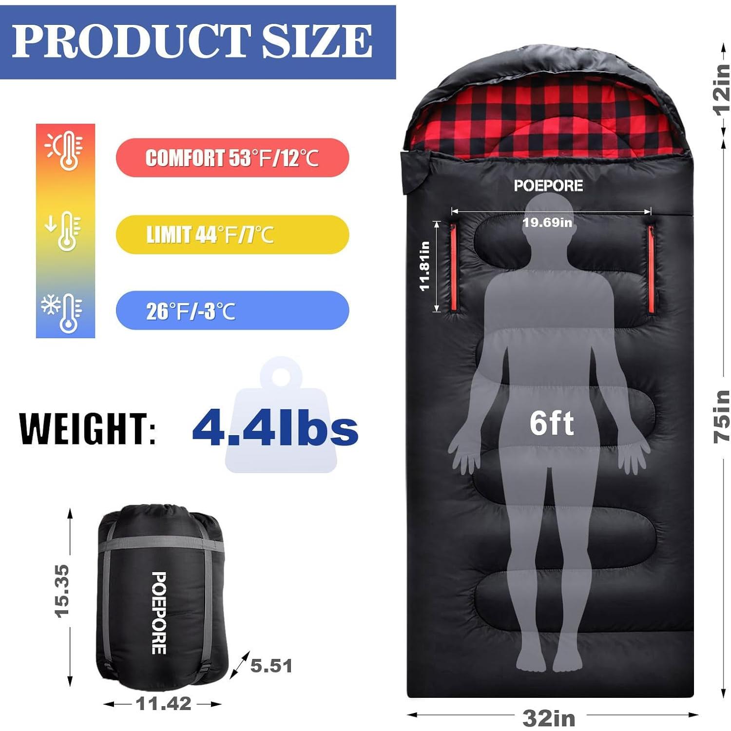 Saco de Dormir POEPORE Franela 0°C XXL Impermeable 4 Estaciones