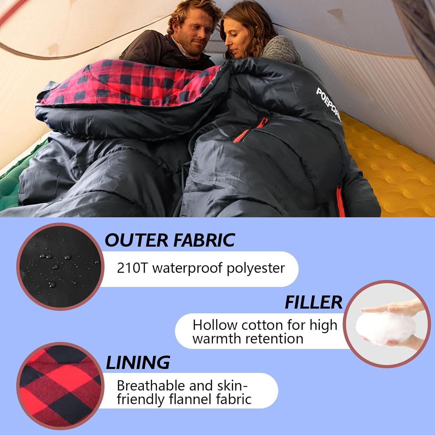 Saco de Dormir POEPORE Franela 0°C XXL Impermeable 4 Estaciones