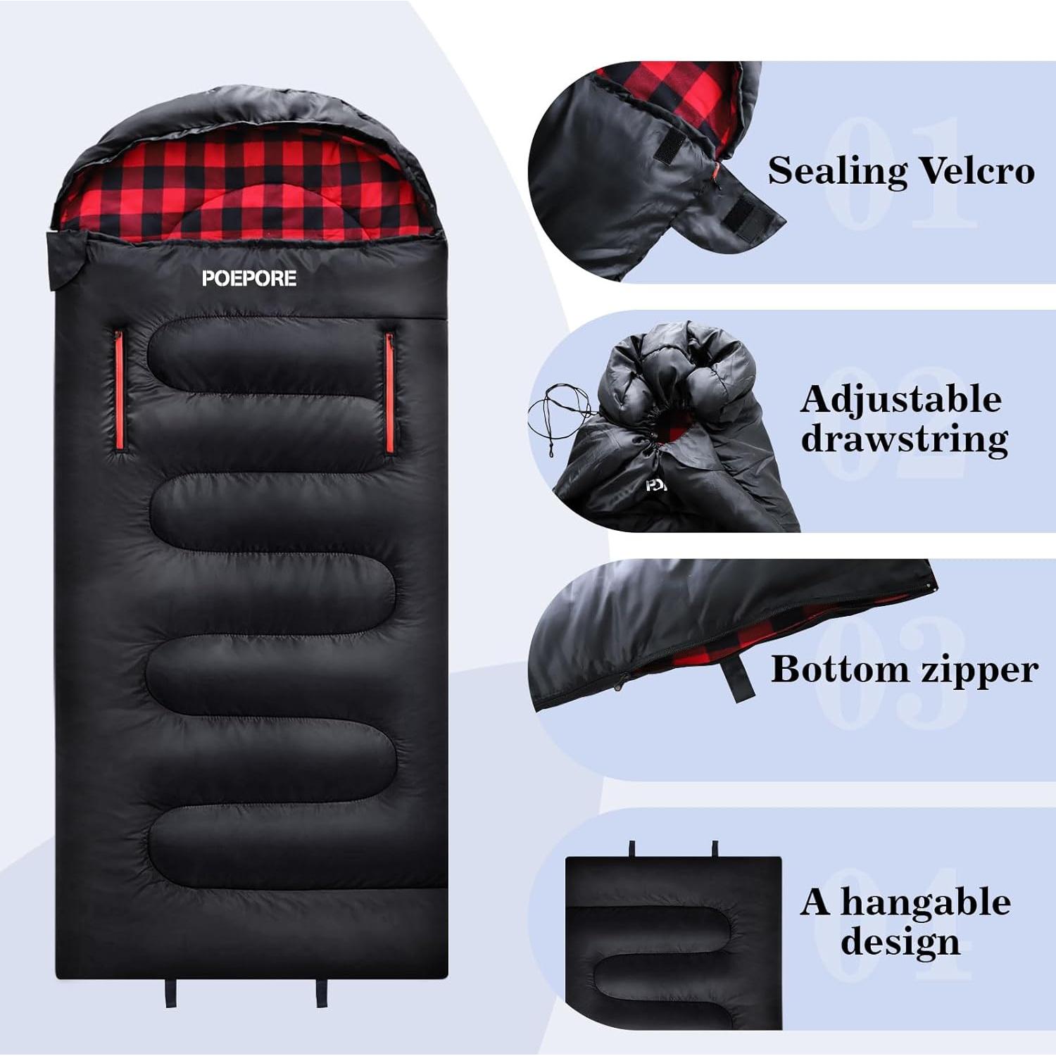 Saco de Dormir POEPORE Franela 0°C XXL Impermeable 4 Estaciones