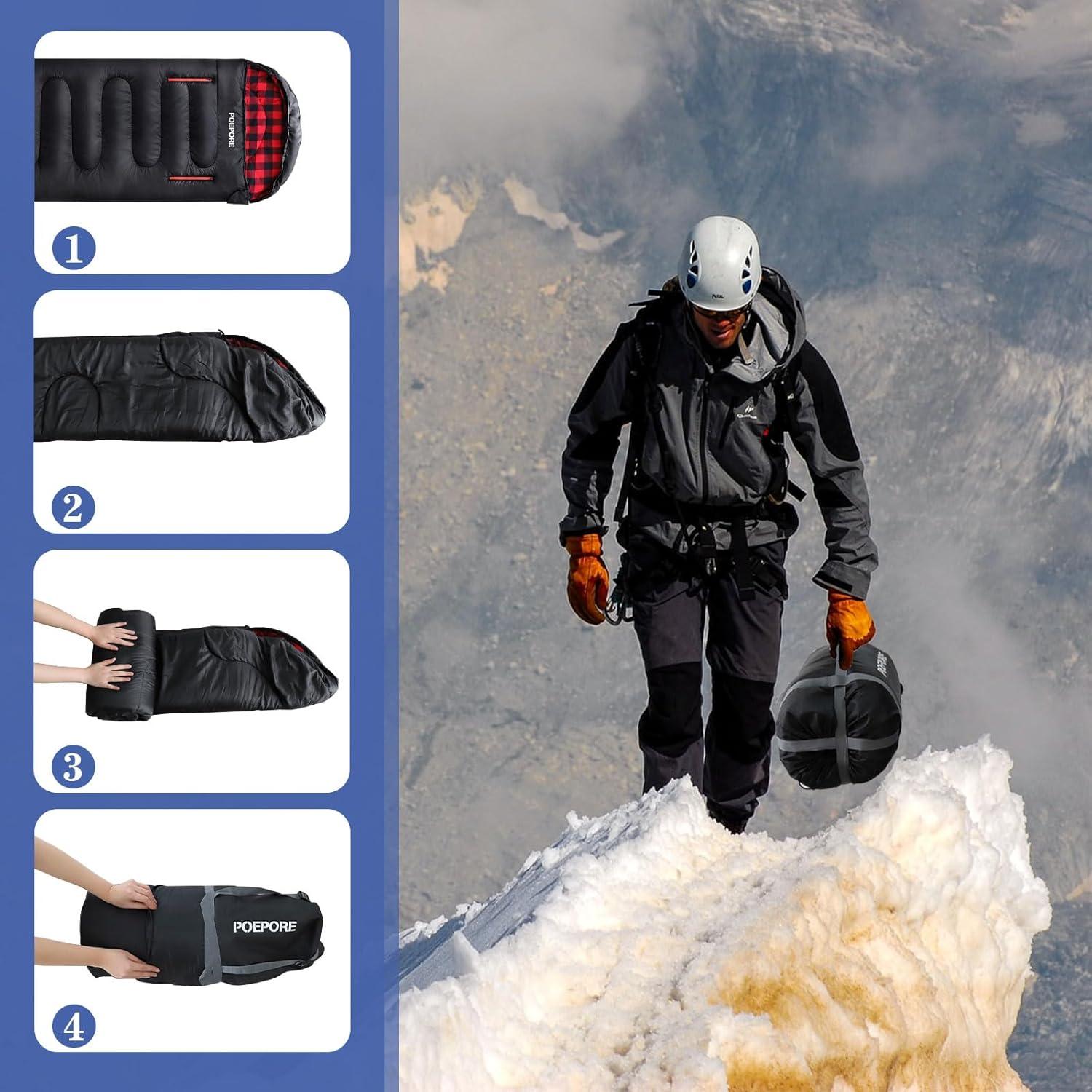 Saco de Dormir POEPORE Franela 0°C XXL Impermeable 4 Estaciones