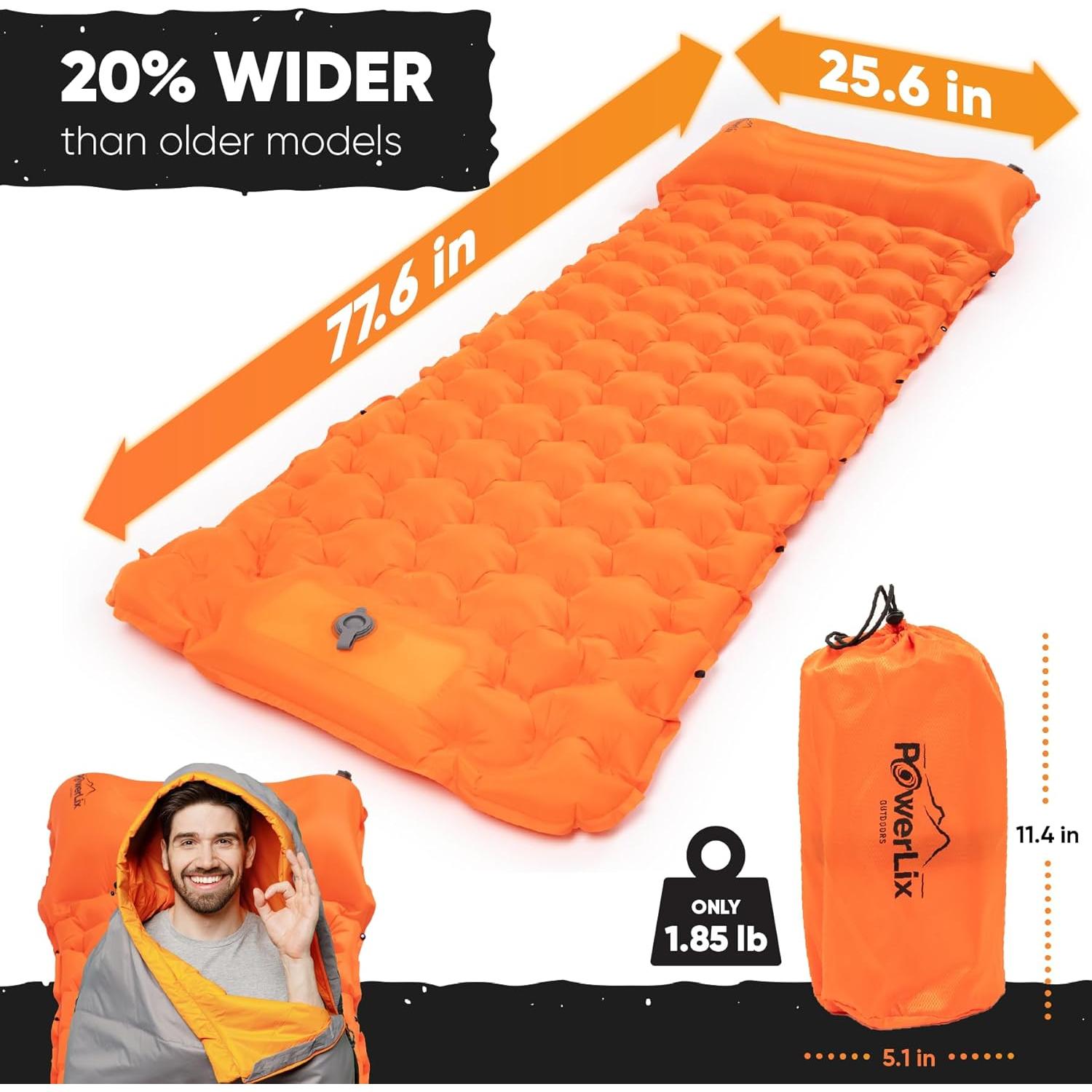 Colchoneta de Camping POWERLIX Individual Inflable con Almohada