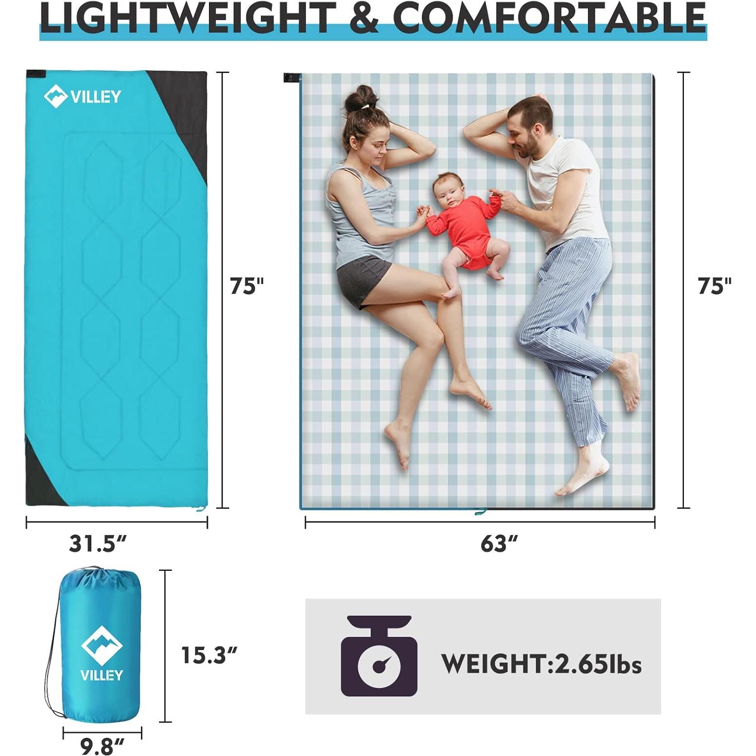 Saco de Dormir VILLEY Ligero 3 Temporadas 1.2 kg Azul