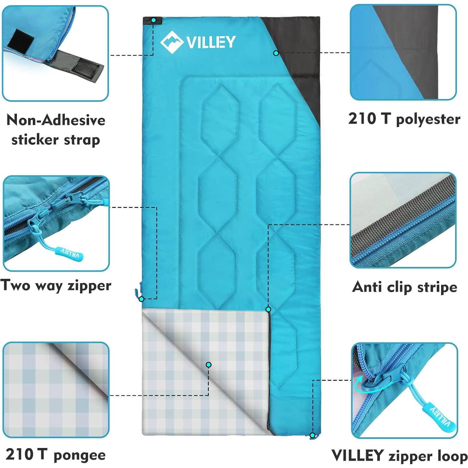 Saco de Dormir VILLEY Ligero 3 Temporadas 1.2 kg Azul
