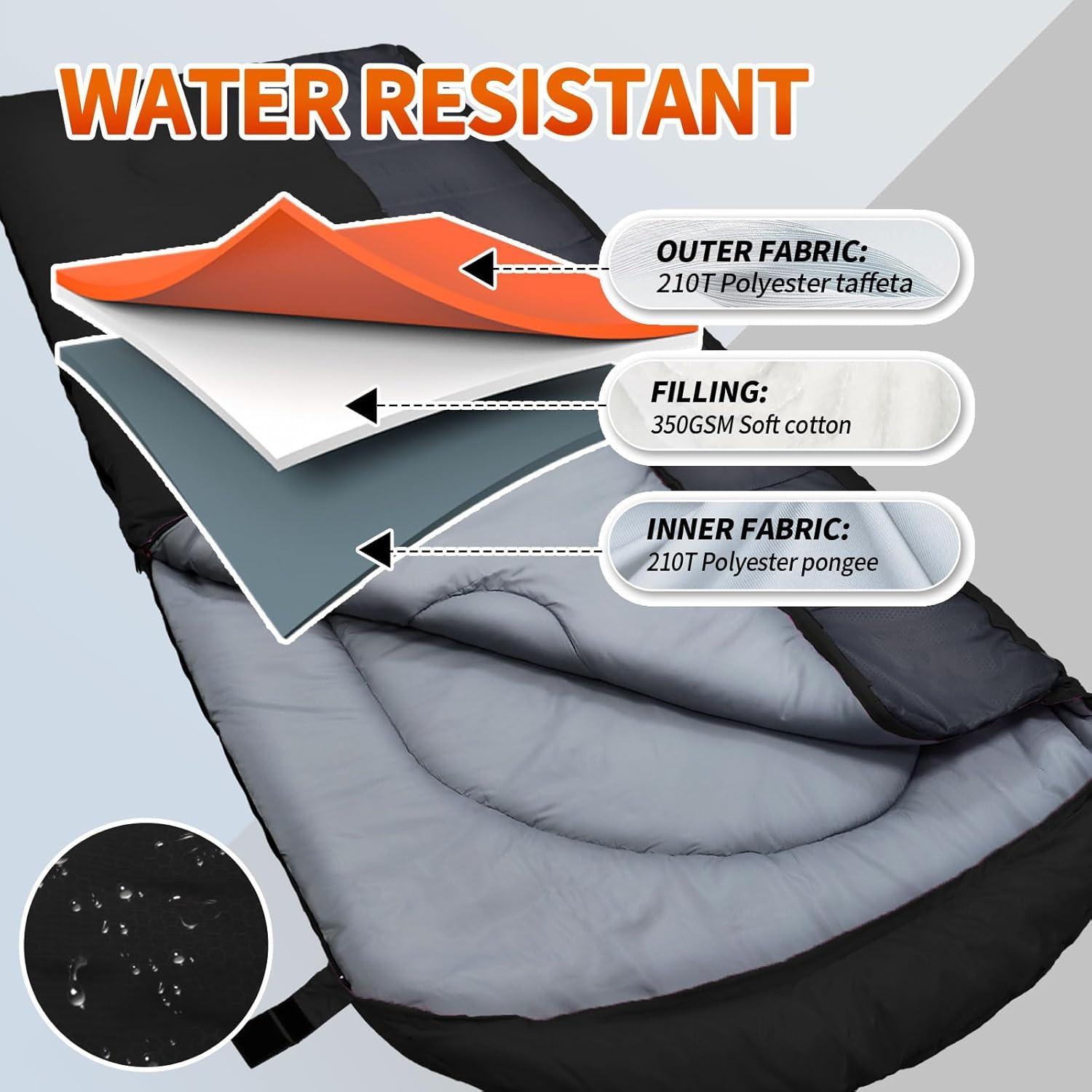 Saco de Dormir Impermeable WKFAMOUT 10 Grados XL para Camping