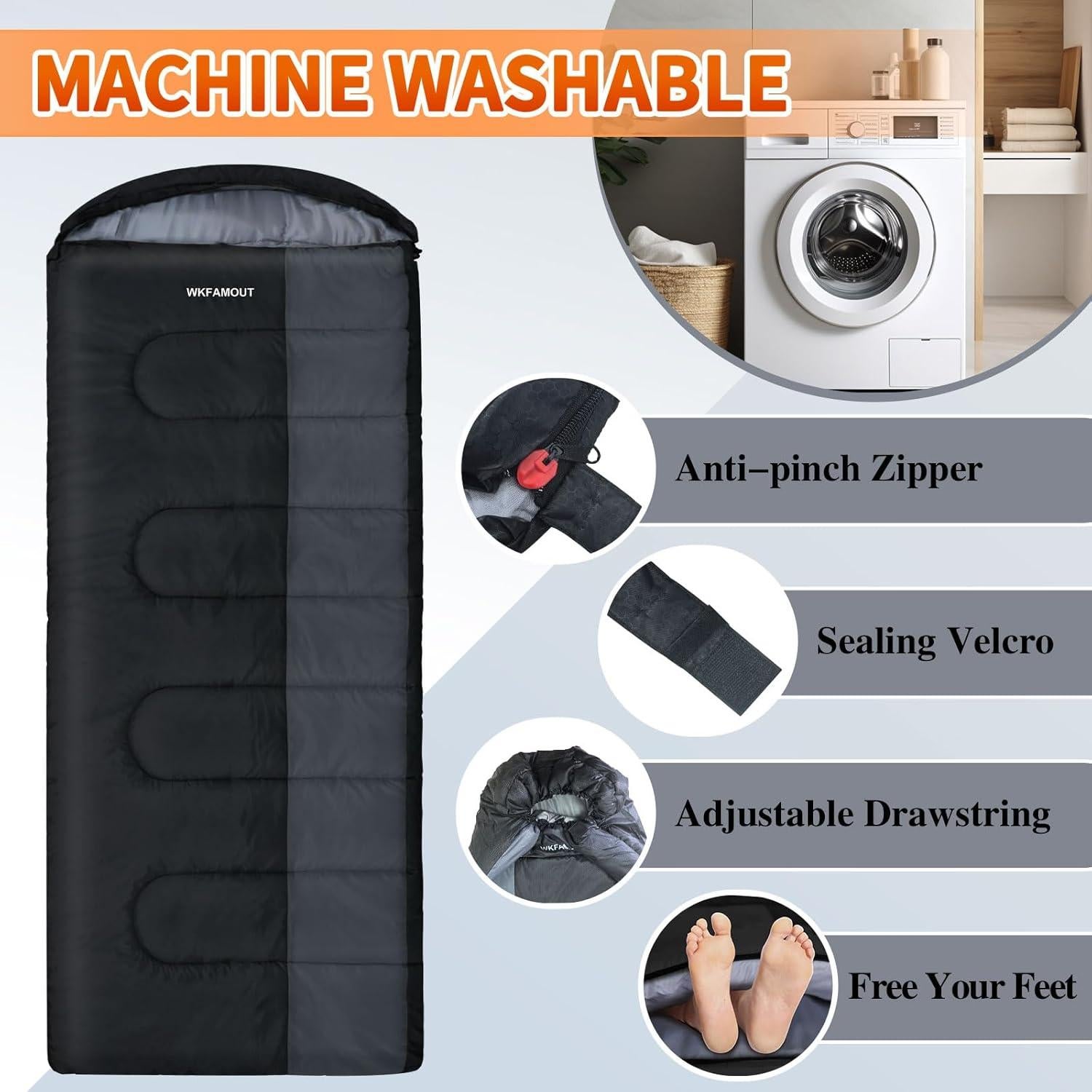 Saco de Dormir Impermeable WKFAMOUT 10 Grados XL para Camping