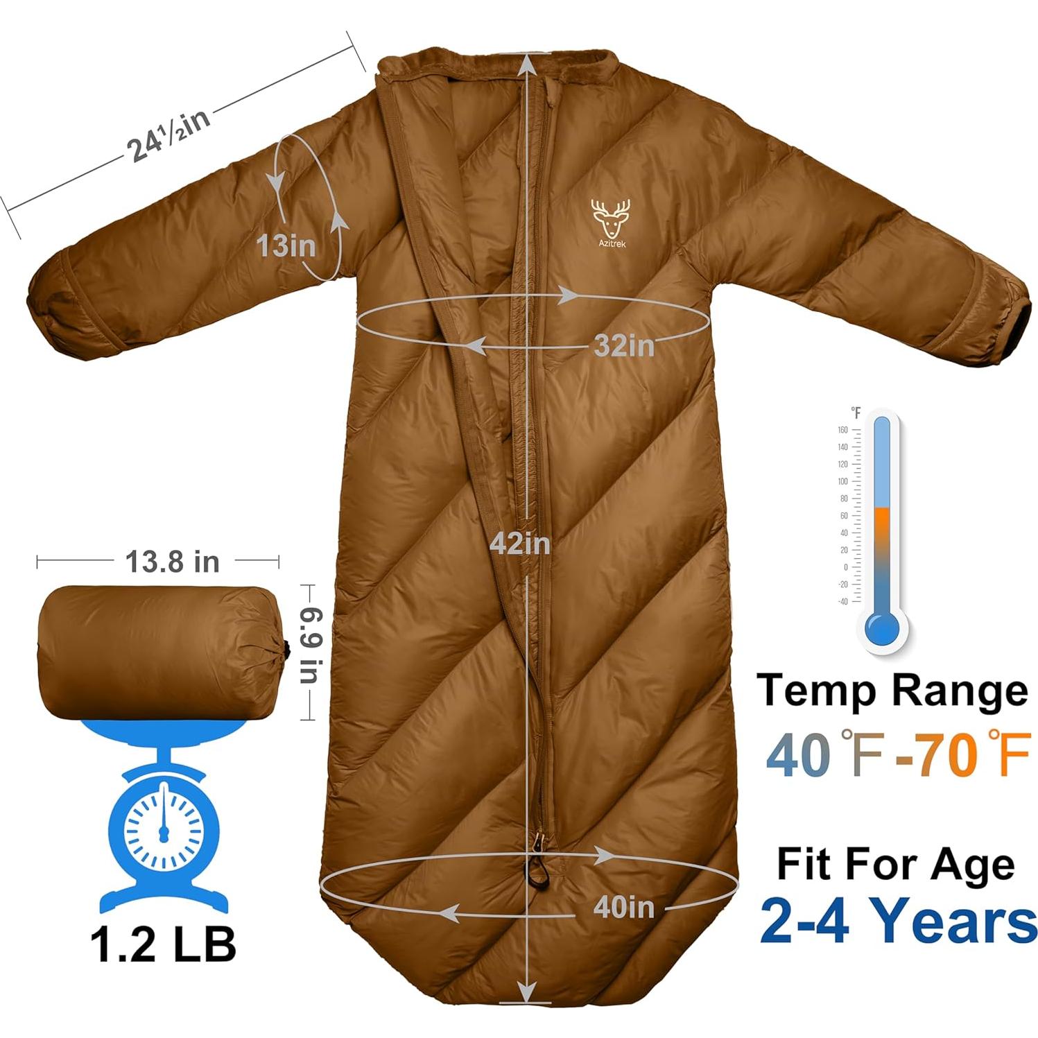 Saco de Dormir Infantil AZITREK 107 cm Acolchado para Camping