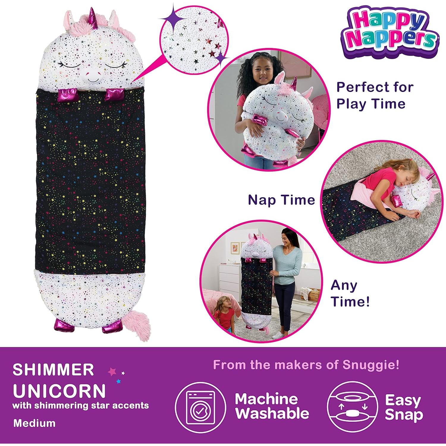 Happy Nappers Pillow & Sleepy Sack- Comfy, Cozy, Compact, Super Soft, Warm, All Season, Sleeping Bag with Pillow- Medium 54” x 20”, Shimmer Unicorn