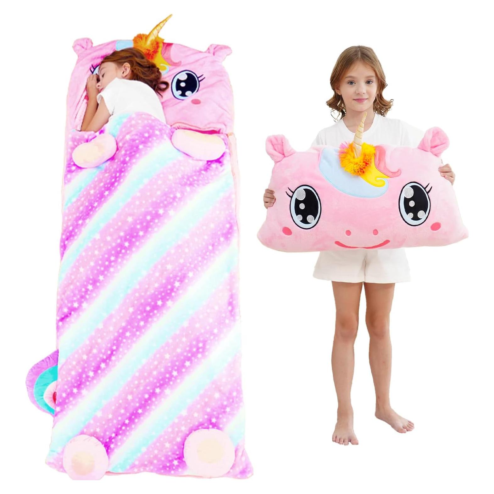 Saco de dormir rosa Micling para niños 3-12 años con almohada